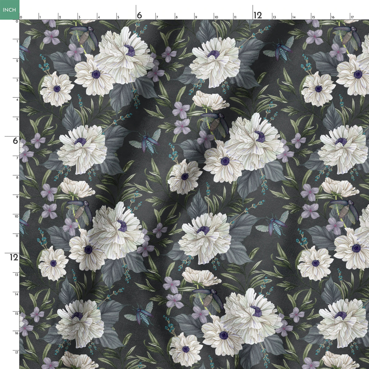 Ivory flowers with purple centers, beetles, and greenery illustrated on a dark charcoal background in a floral pattern by Nicole Tamarin. springs ruler 18x18