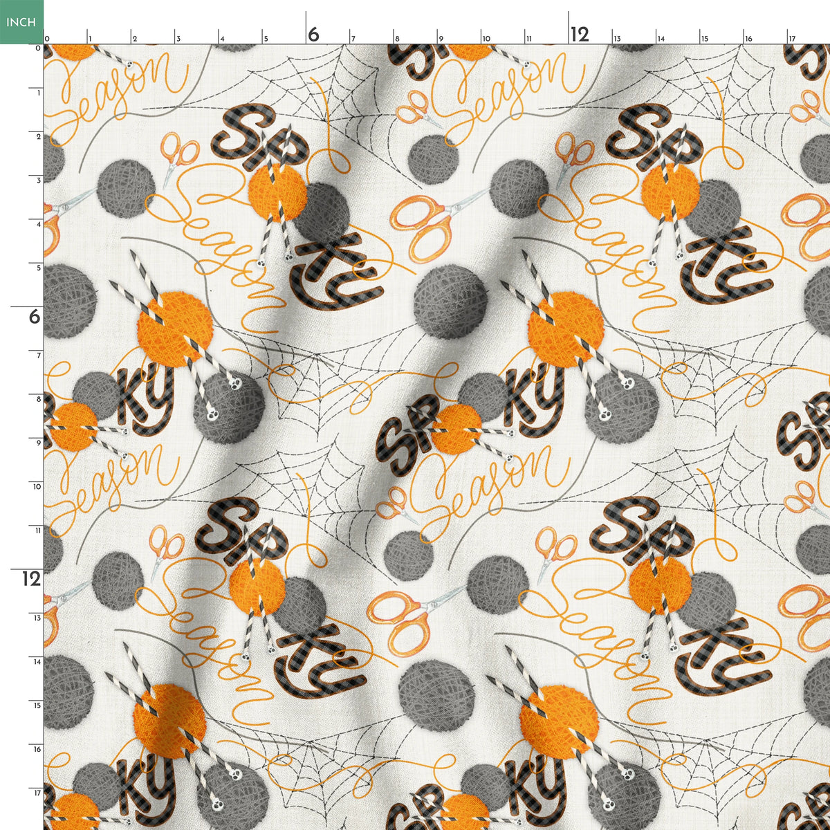 Halloween design by Nicole Tamarin featuring orange and gray yarn balls, scissors, spiderwebs, and “Spooky Season” lettering on a cream background. springs ruler 18x18