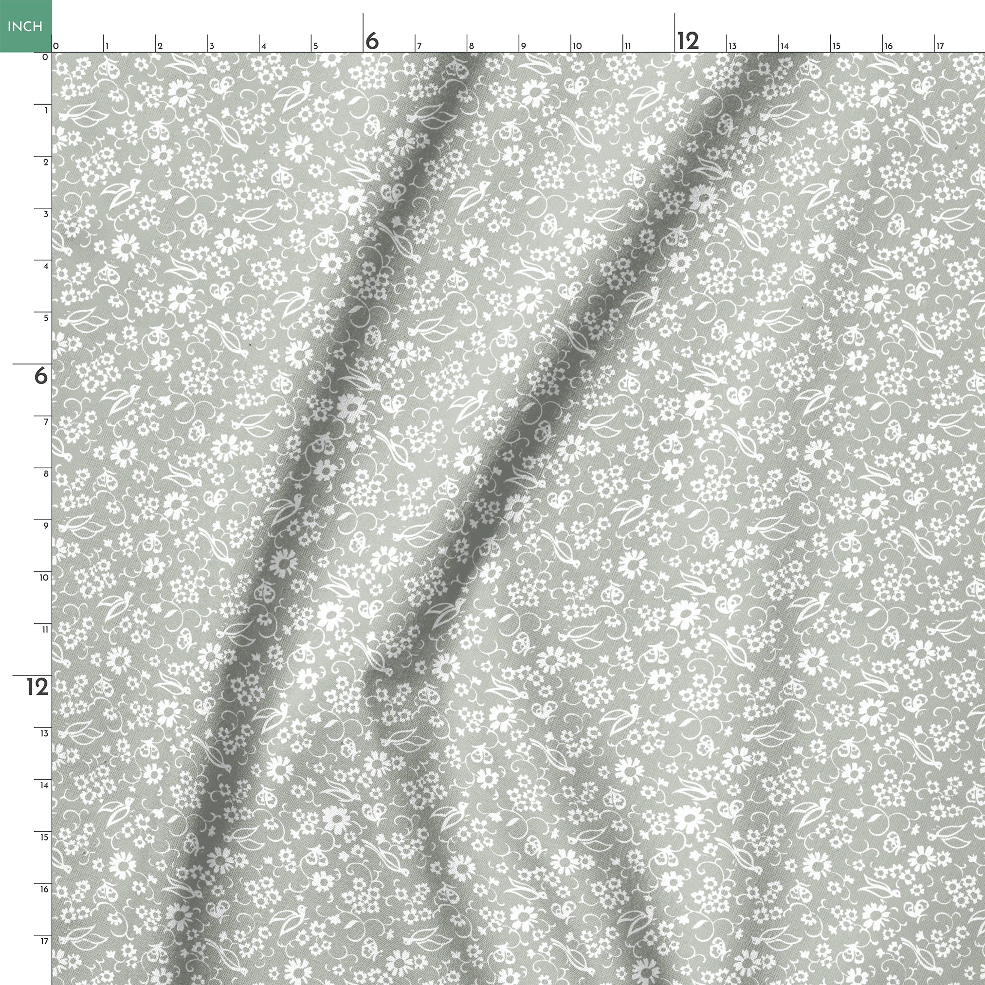 White vintage-style bird and floral silhouettes on a soft gray background. springs ruler 18x18