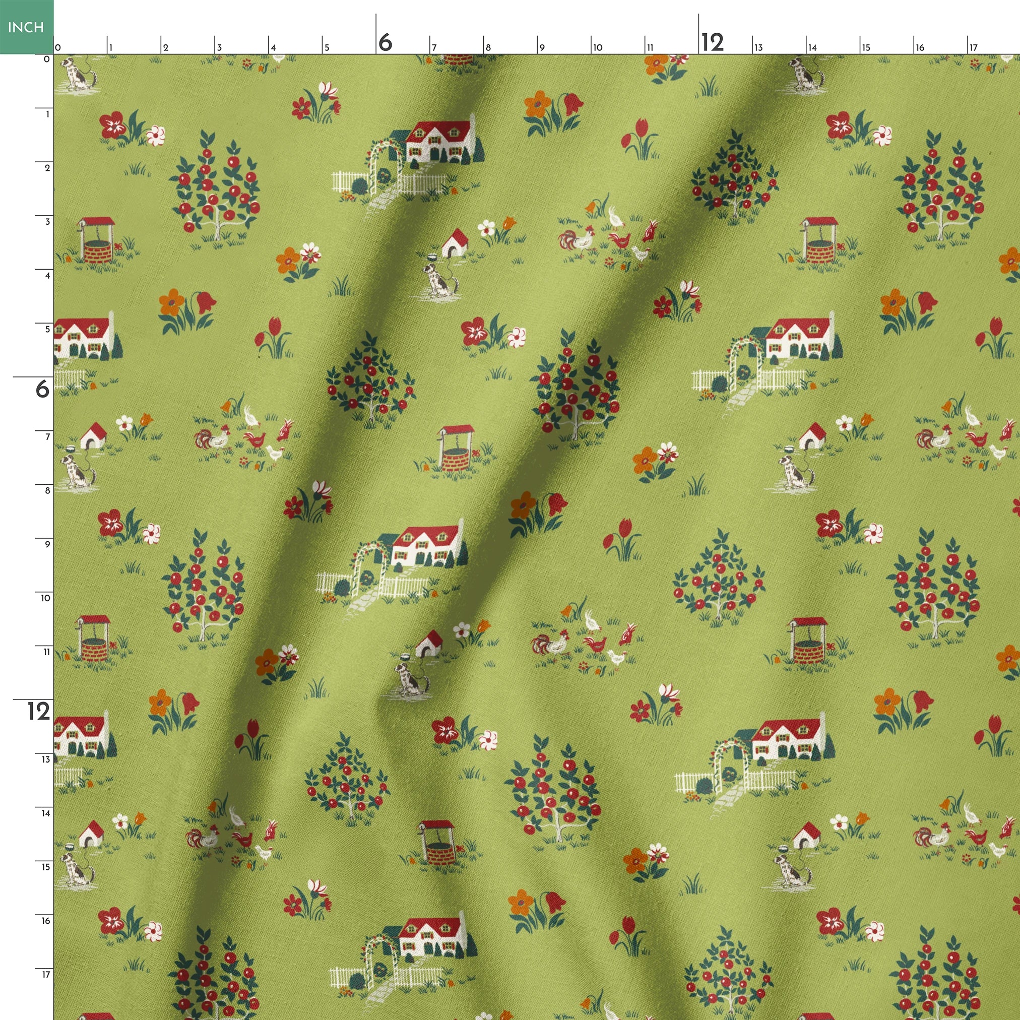 Scenic cottage garden design with vintage houses, flowers, and animals on olive green springs ruler 18x18