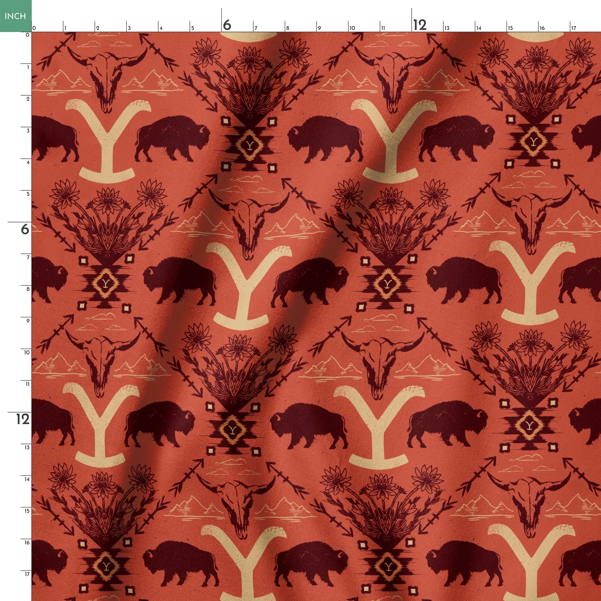 Terracotta and burgundy Yellowstone design with buffalo, skulls, wildflowers, and Western motifs. springs ruler 18x18
