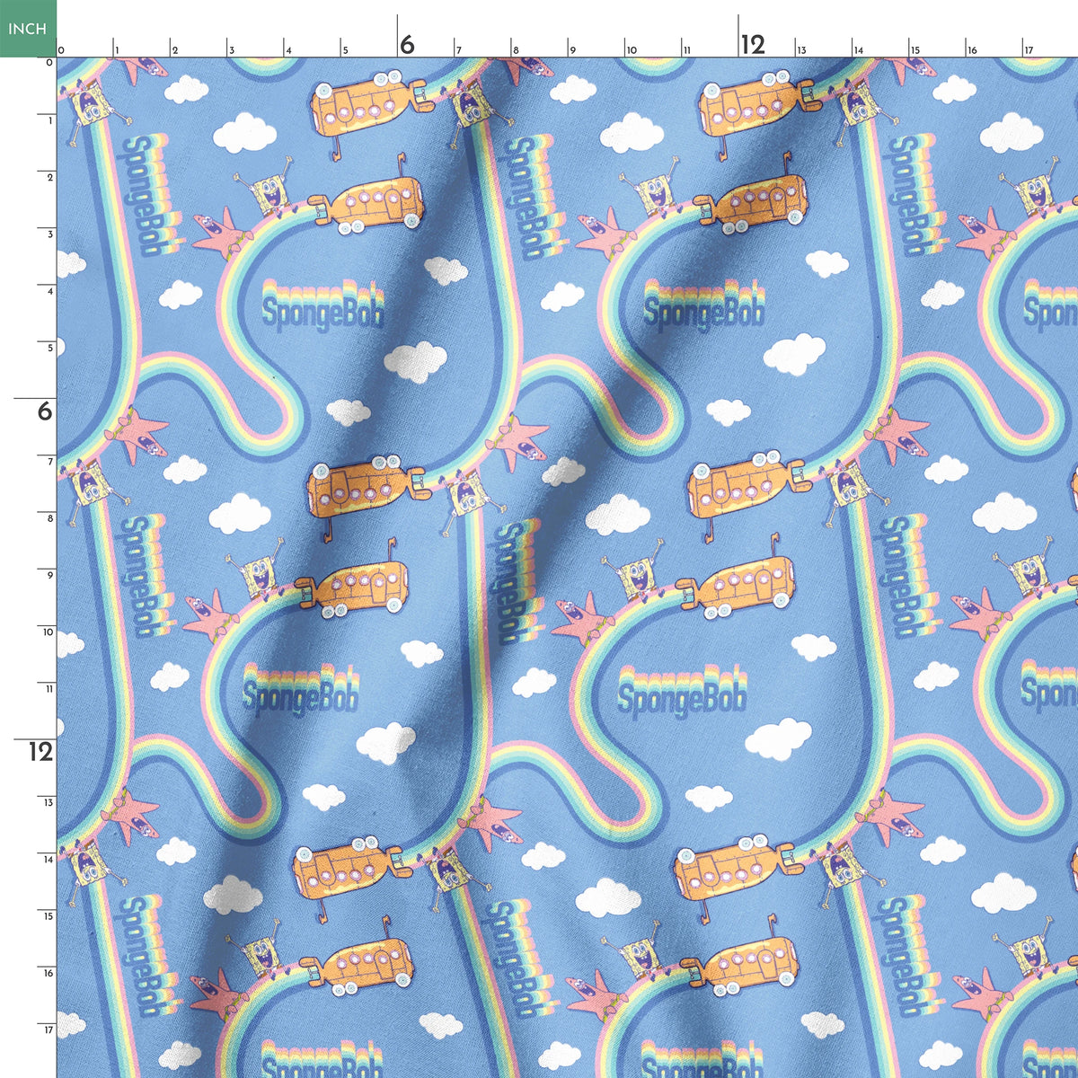 SpongeBob pattern with cartoon characters, buses, rainbows and clouds on light blue background springs ruler 18x18