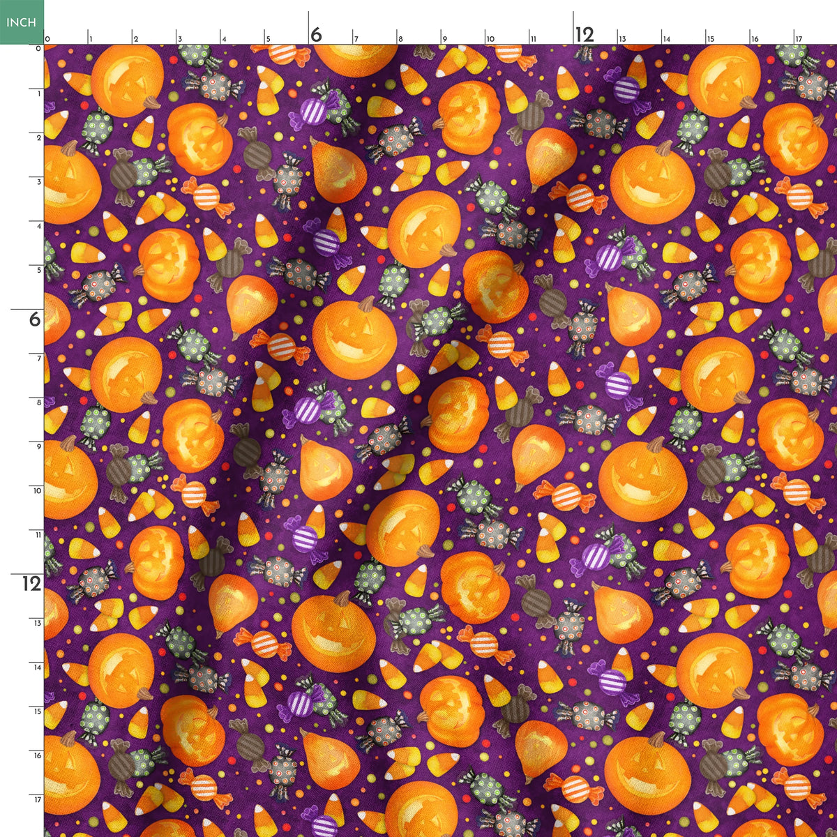 Playful Halloween fabric design by Nicole Tamarin featuring smiling jack-o’-lanterns, wrapped candies, and candy corn scattered across a purple background. springs ruler 18x18