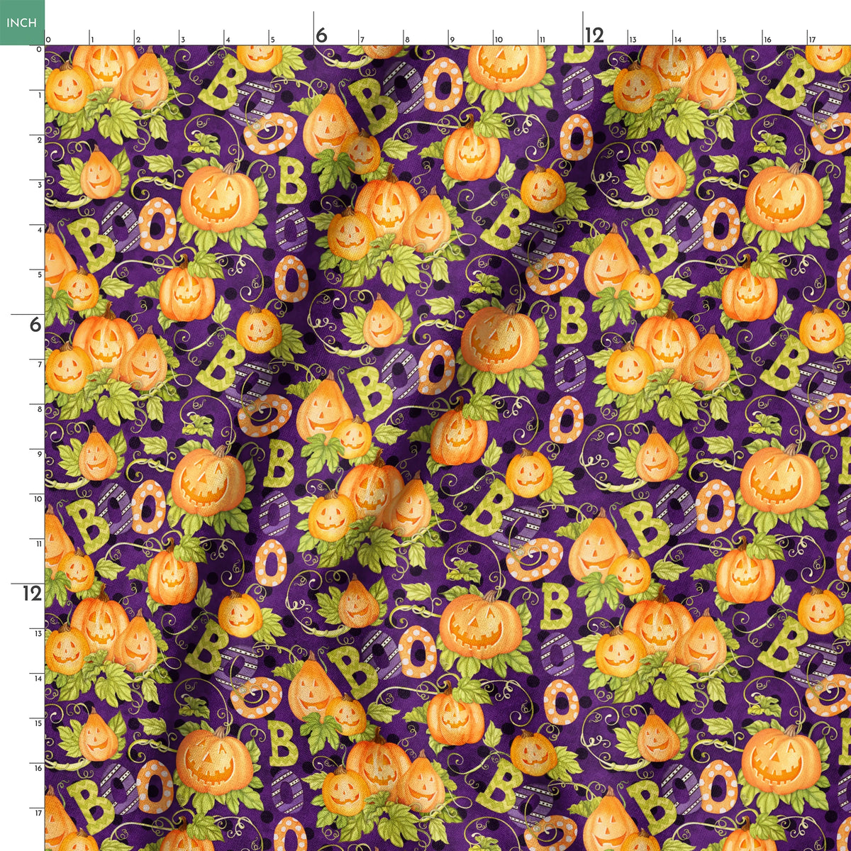 Halloween fabric by Nicole Tamarin with smiling jack-o’-lanterns, “BOO” text, vines, and leaves on a purple background. springs ruler 18x18