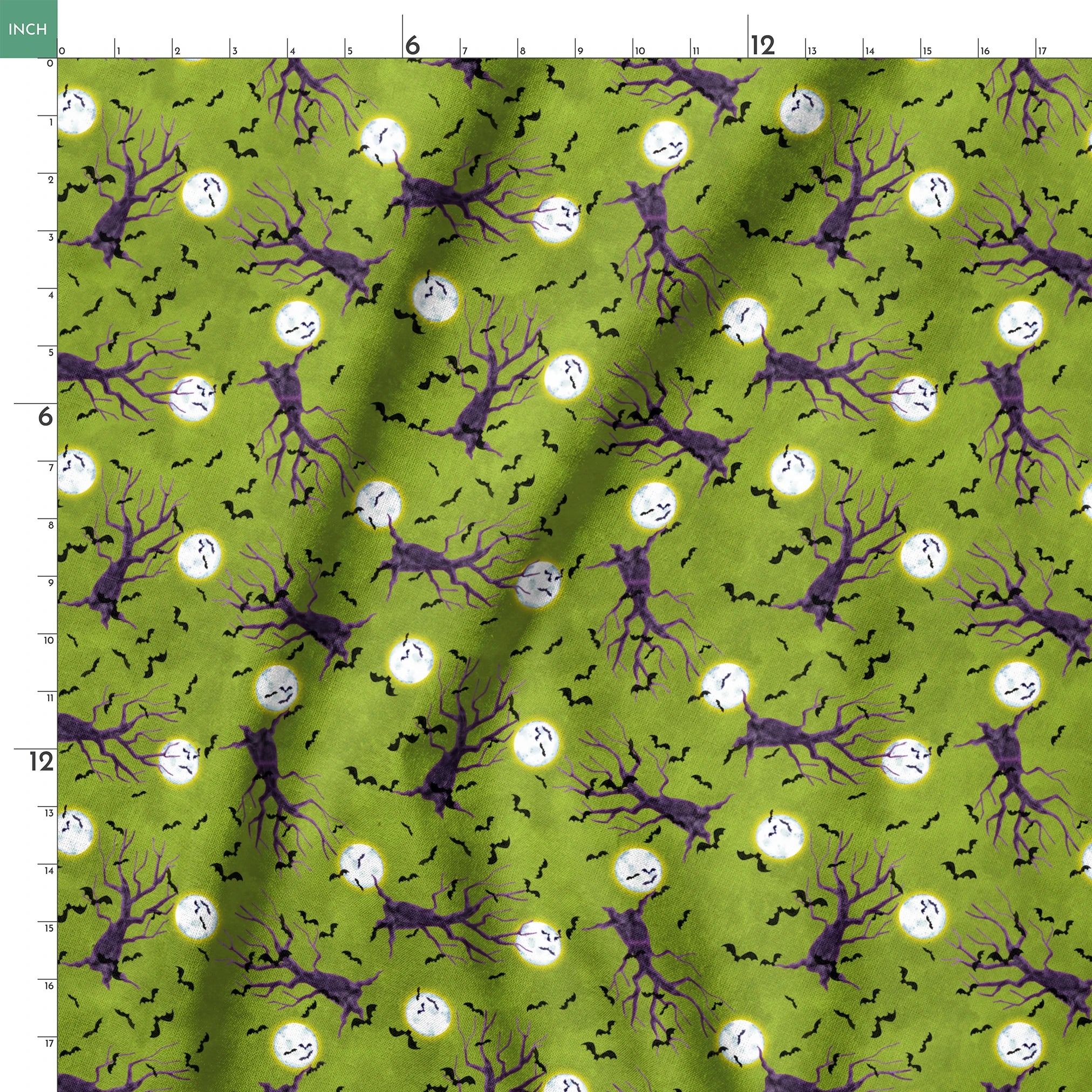 Halloween fabric design with purple haunted trees, bats, and glowing moons on a green background, illustrated by Nicole Tamarin. springs ruler 18x18