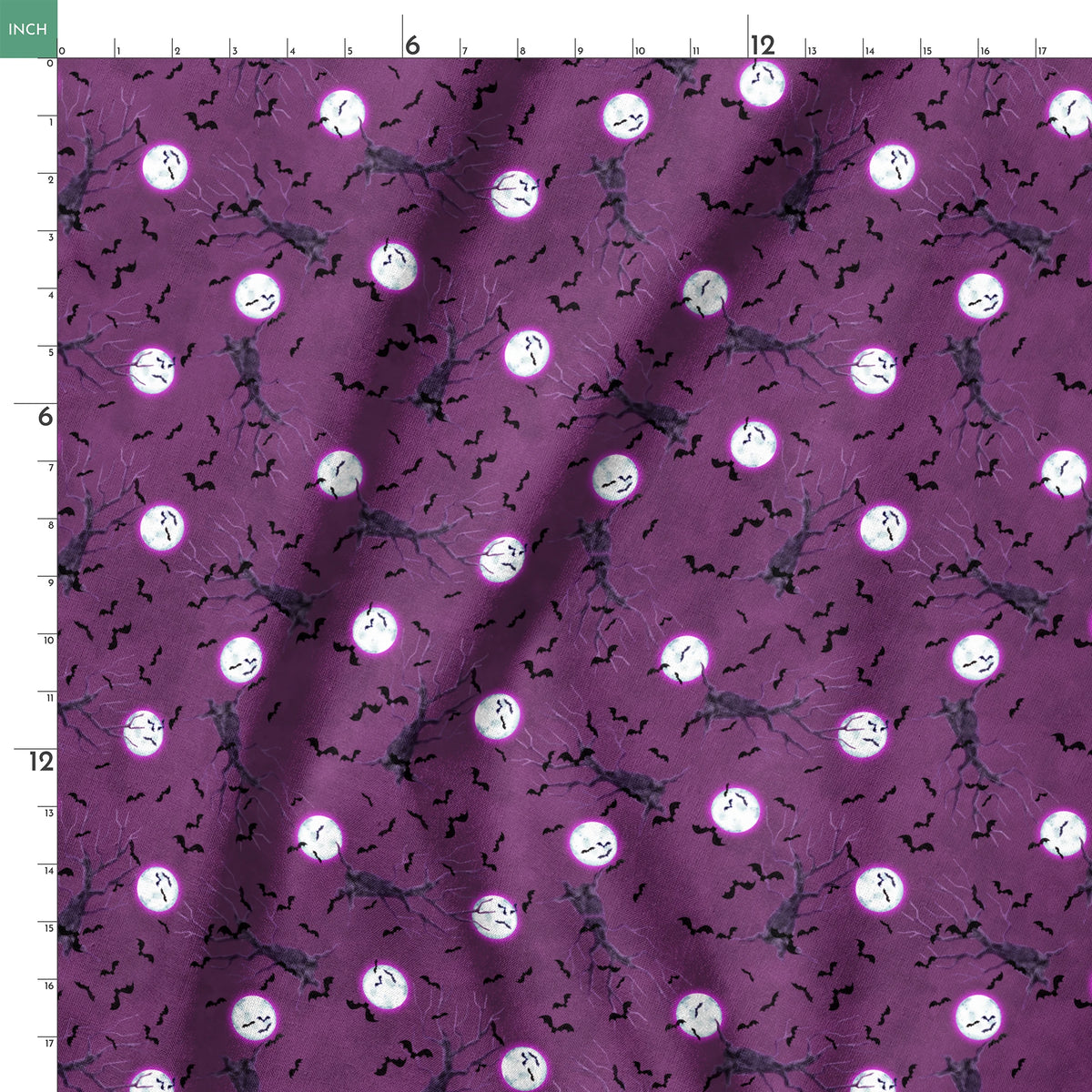 Halloween fabric design with spooky trees, bats, and glowing full moons on a purple background, illustrated by Nicole Tamarin. springs ruler 18x18