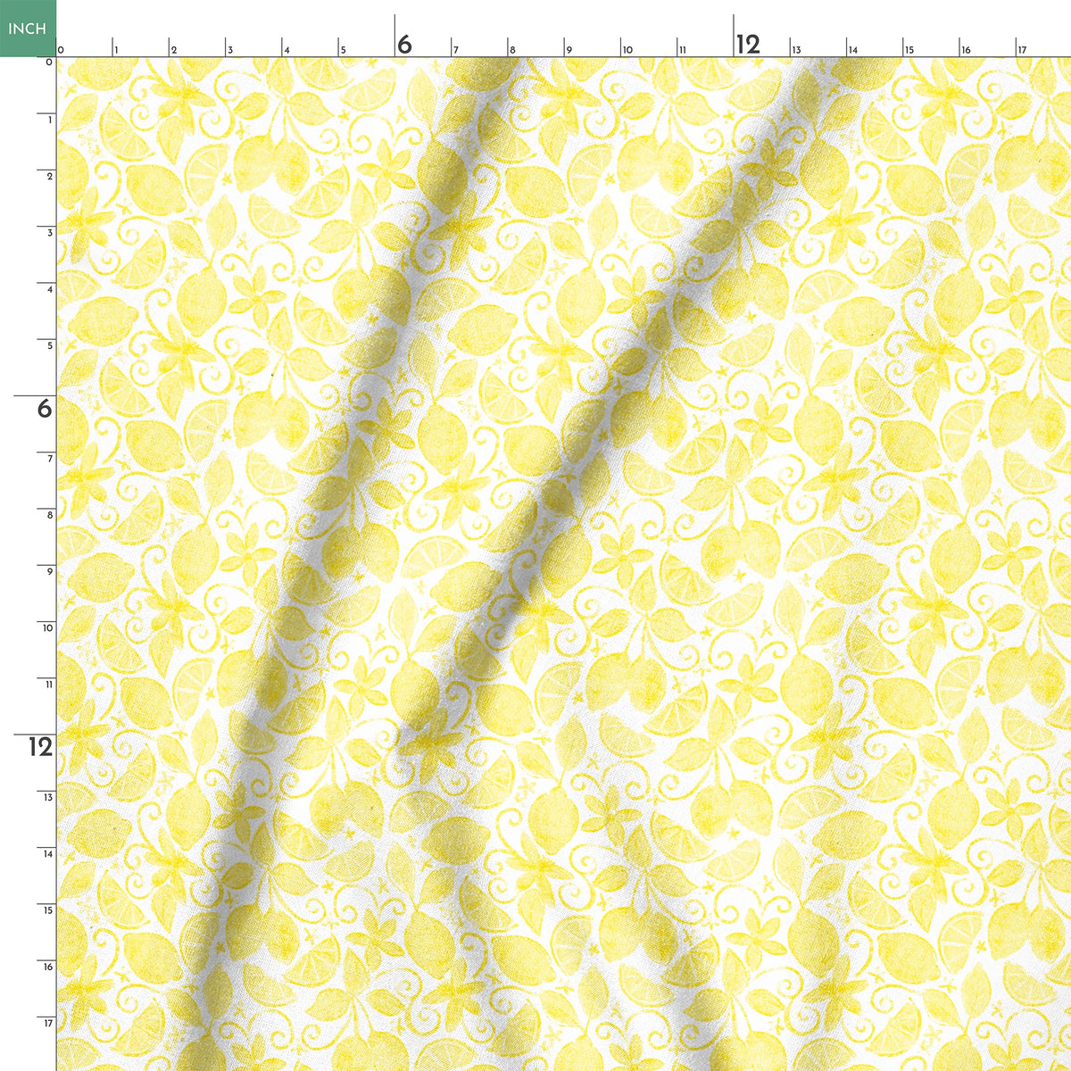 Yellow lemon pattern by Nicole Tamarin with sliced lemons, leaves, and swirls on a white background springs ruler 18x18