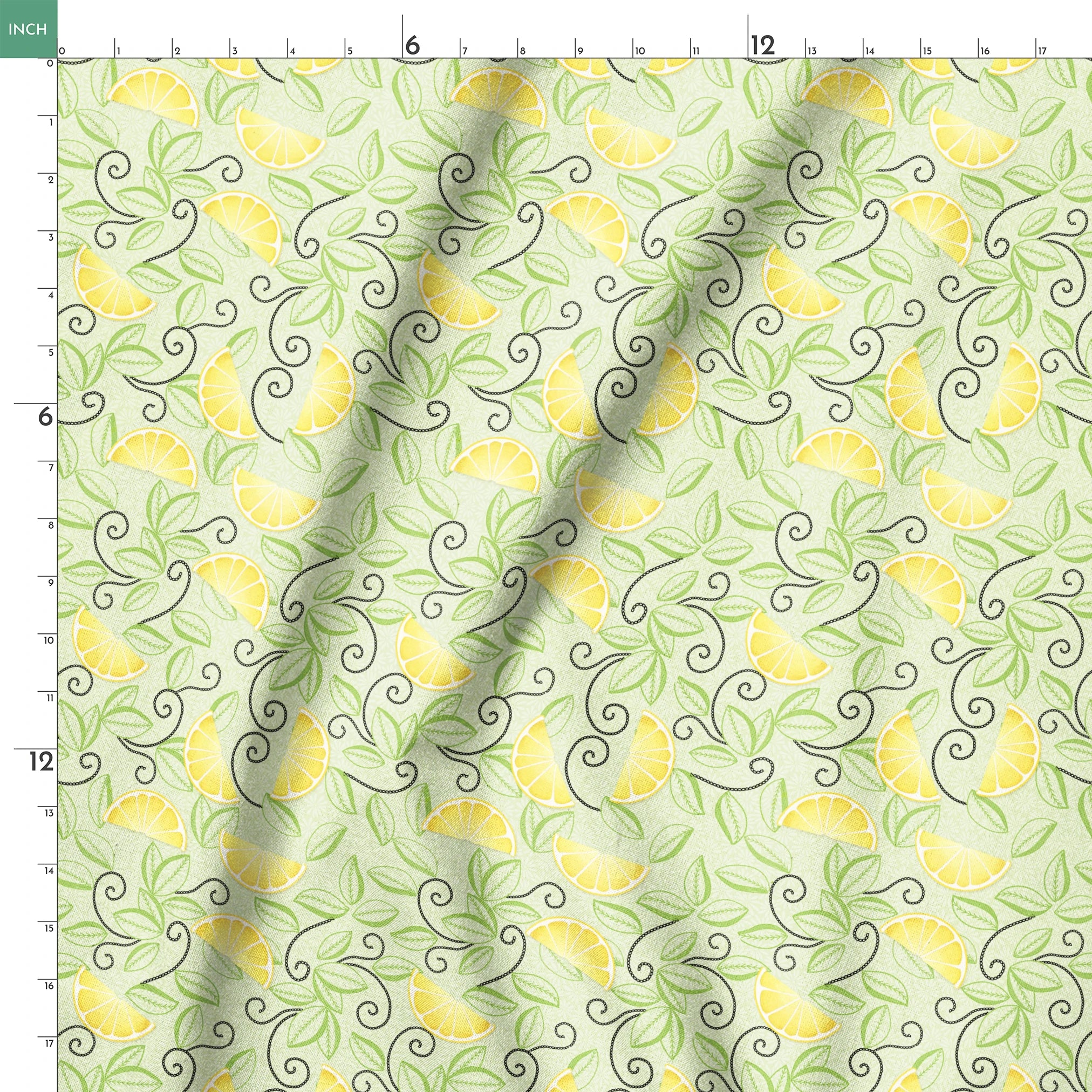 Yellow lemon slices with swirling green leaves on a soft green background in a playful, fresh layout. springs ruler 18x18