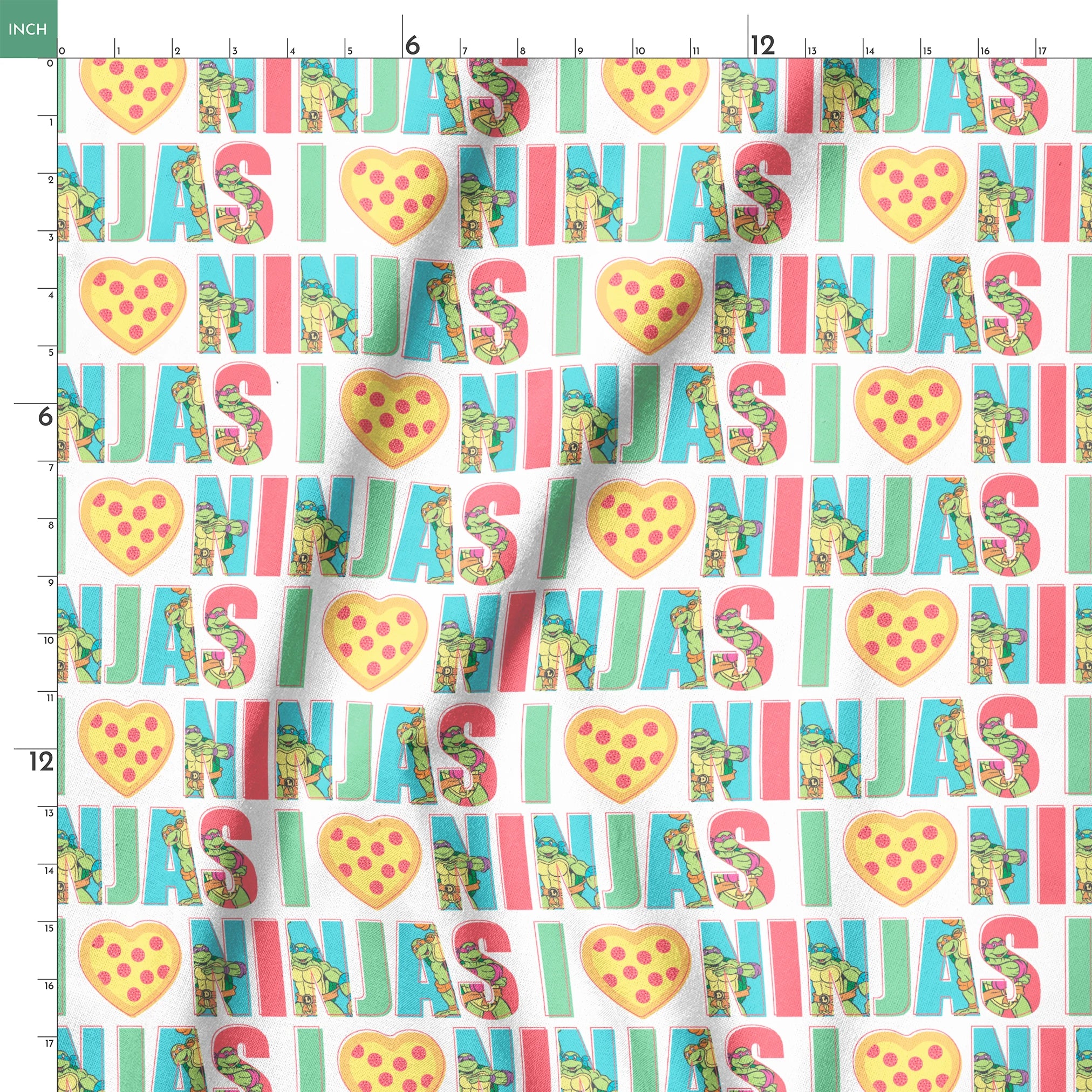 Teenage Mutant Ninja Turtles design with “I heart Ninjas” text with a pizza heart graphic, and Michelangelo and Leonardo in pastel colors. springs ruler 18x18