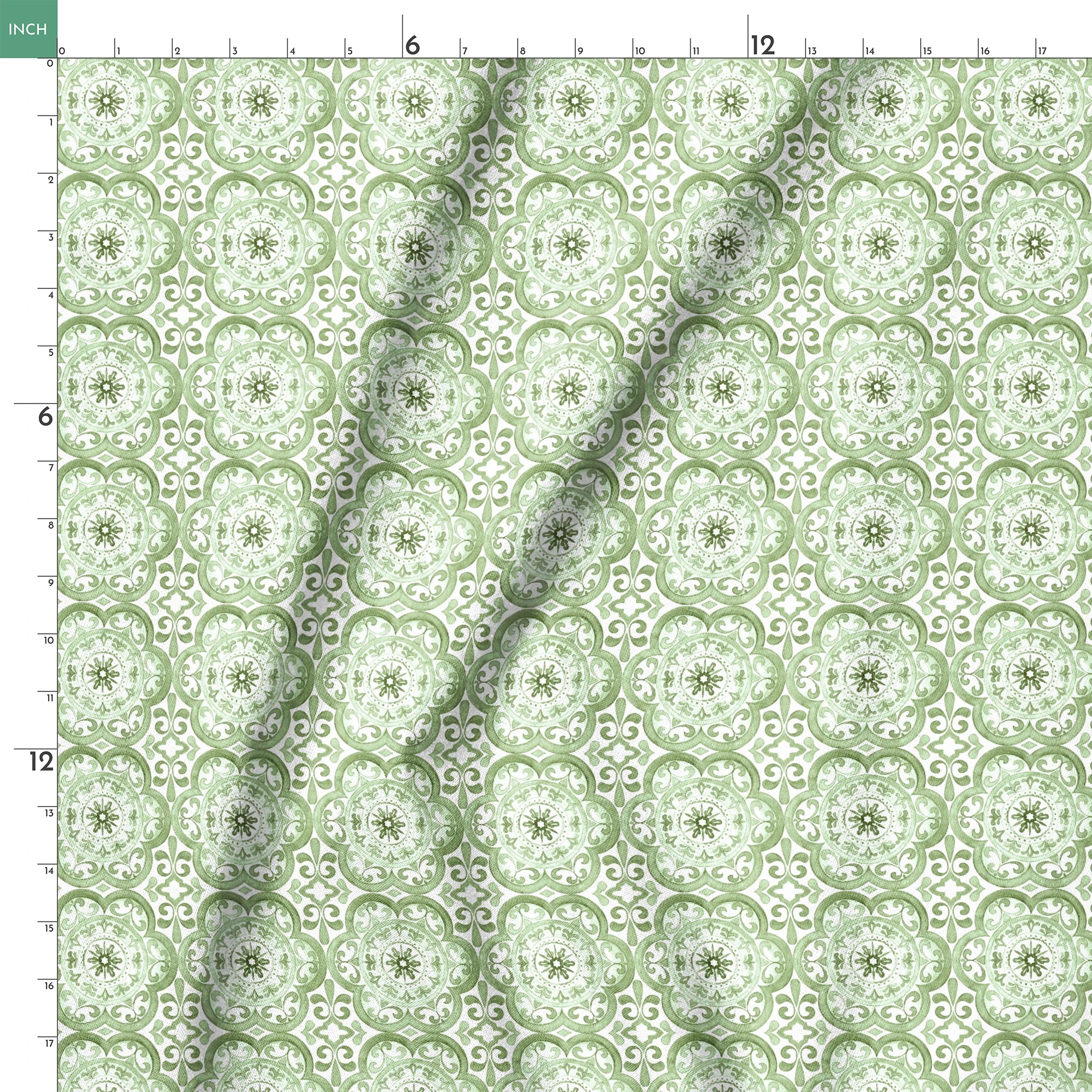 Green medallion tile-inspired pattern by Nicole Tamarin, featuring ornate floral details in a repeating square layout. springs ruler 18x18