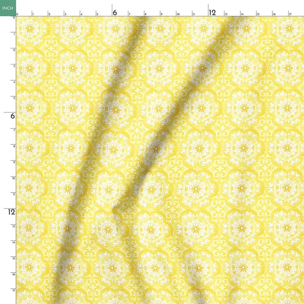 Bright yellow decorative pattern with white floral medallions in repeating ornamental design springs ruler 18x18
