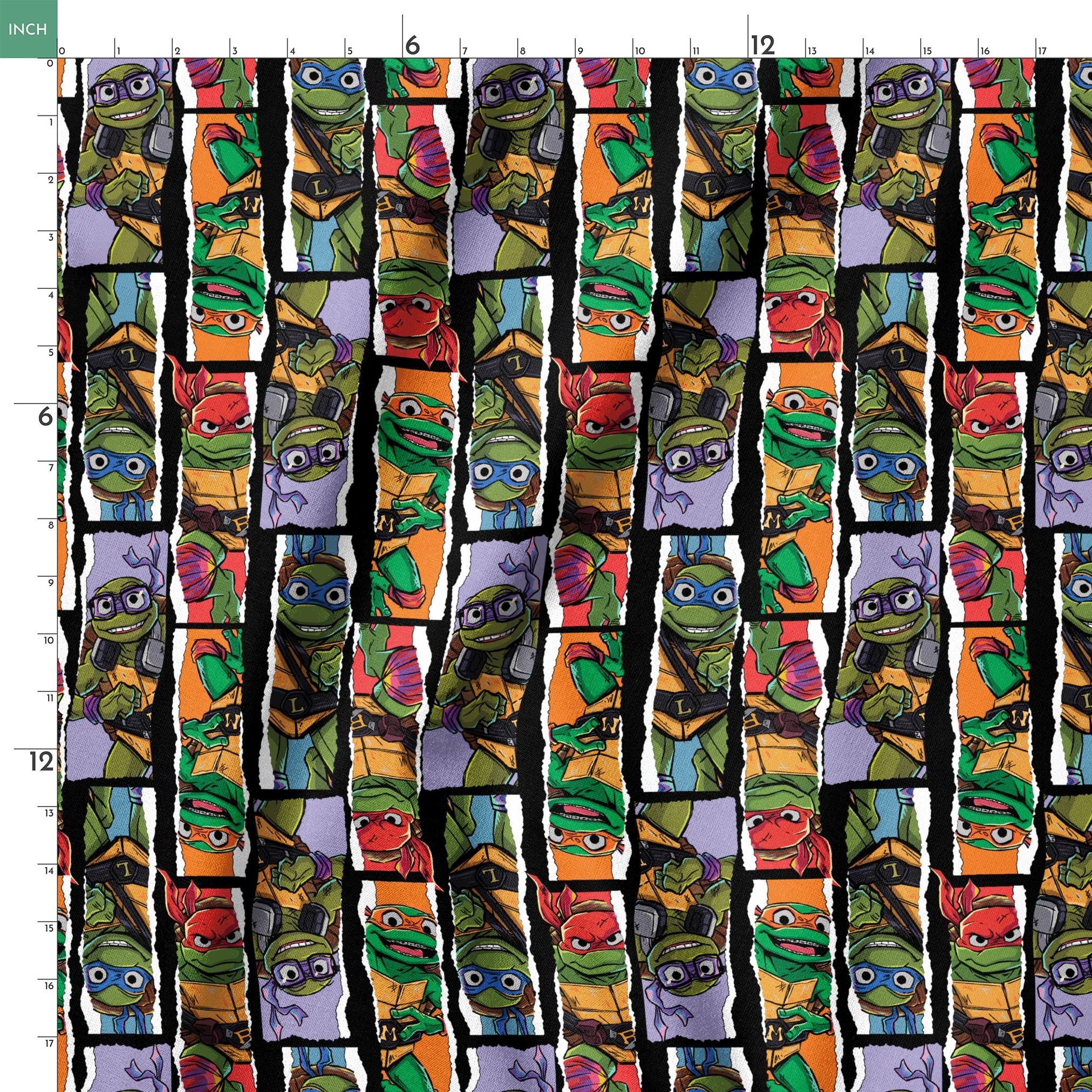 Teenage Mutant Ninja Turtles torn panel design with Leonardo, Donatello, Michelangelo, and Raphael in colorful comic-style art by Nickelodeon. springs ruler 18x18