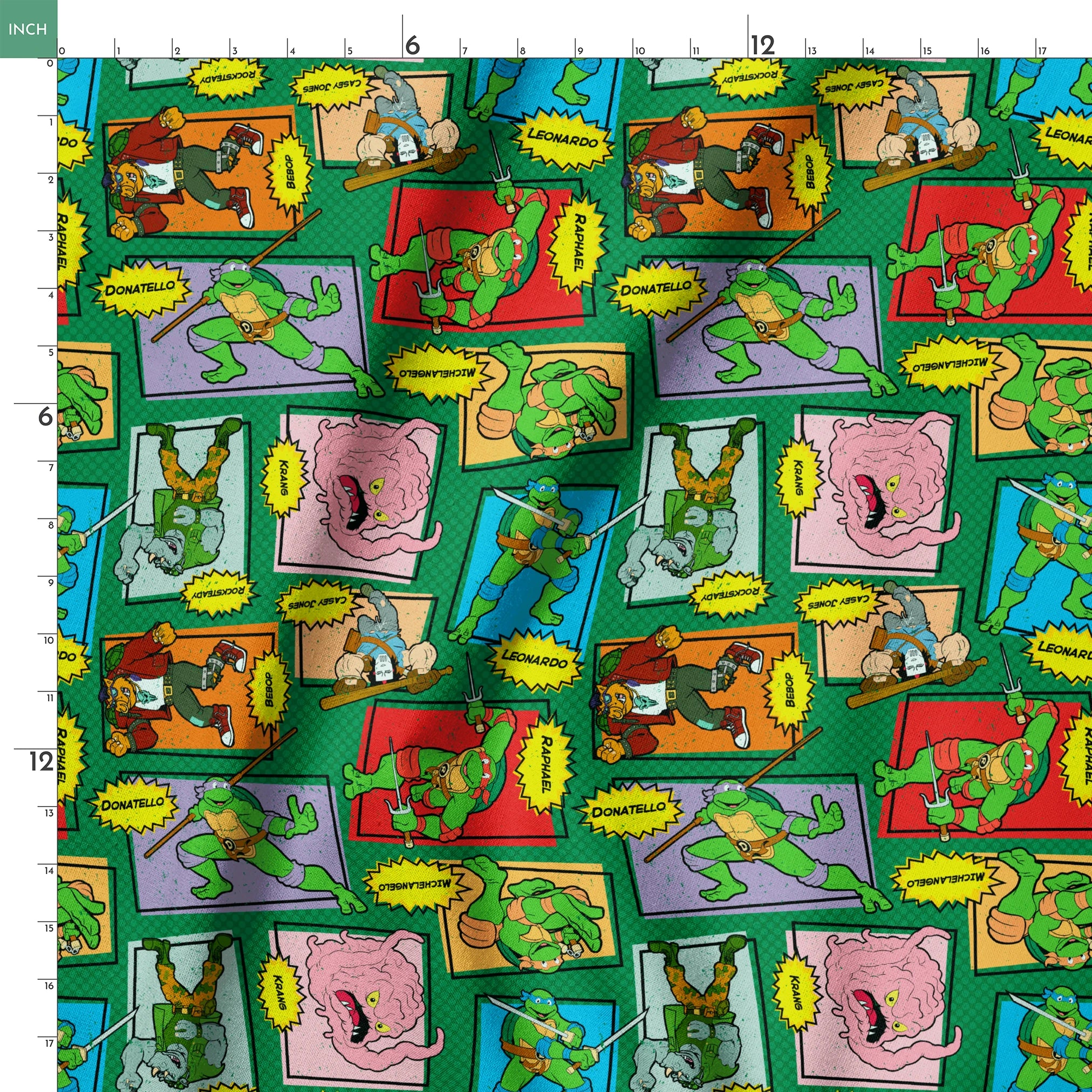 Retro Teenage Mutant Ninja Turtles comic print with turtles, villains, and action words in colorful panels. springs ruler 18x18