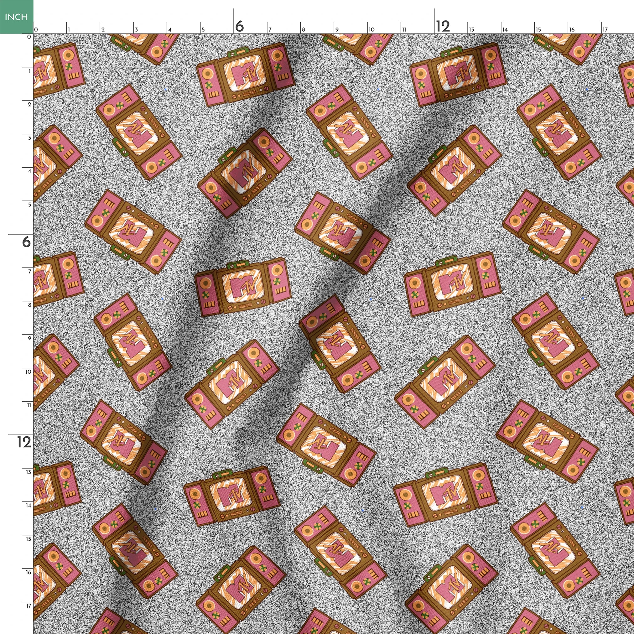 Pink and brown retro televisions with the MTV logo over a grainy gray static background in a scattered repeat. springs ruler 18x18