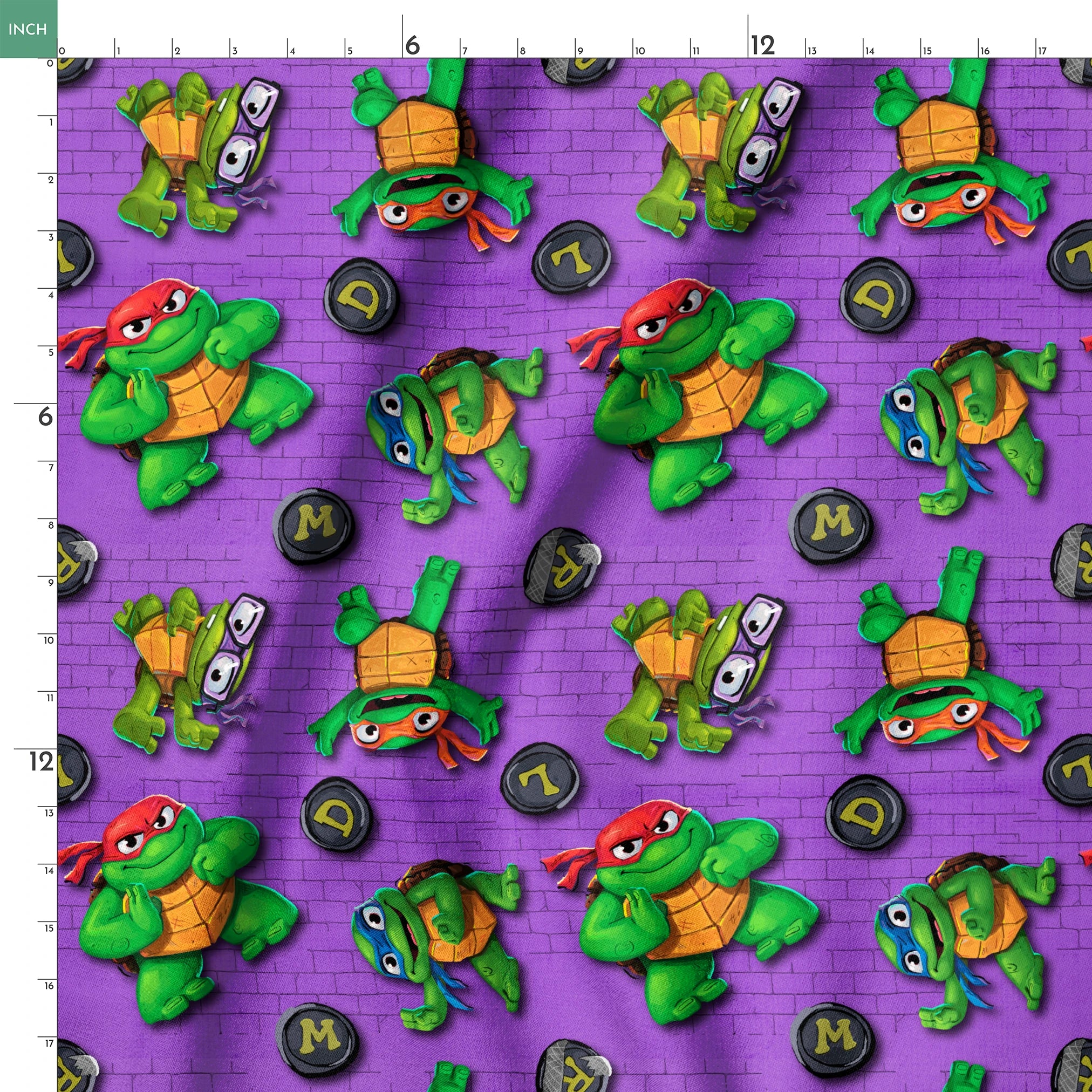Teenage Mutant Ninja Turtles characters on a purple brick background with lettered manhole covers. springs ruler 18x18