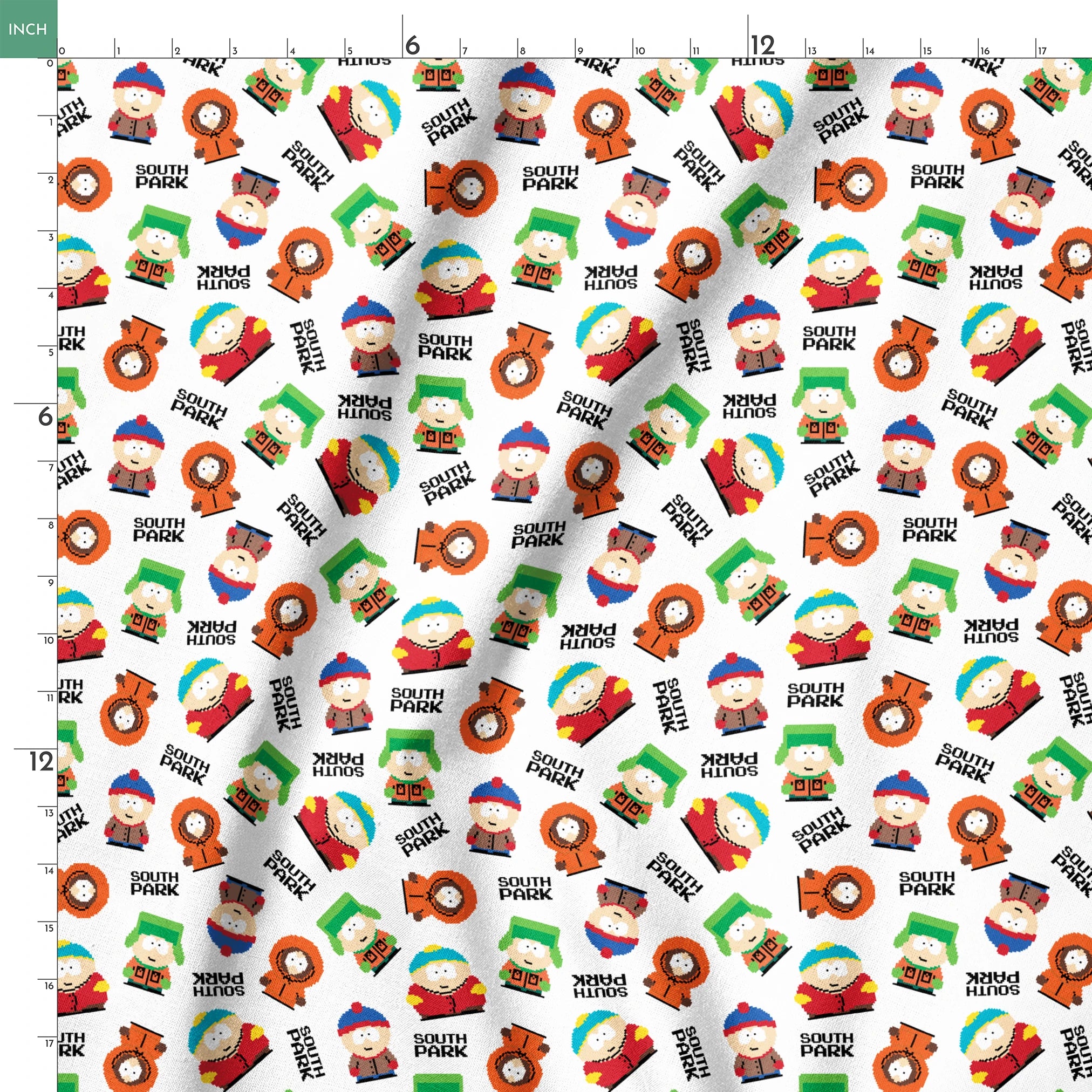 Pixel art versions of Stan, Kyle, Cartman, and Kenny with the South Park logo in black, tossed on a white background in various rotations. springs ruler 18x18