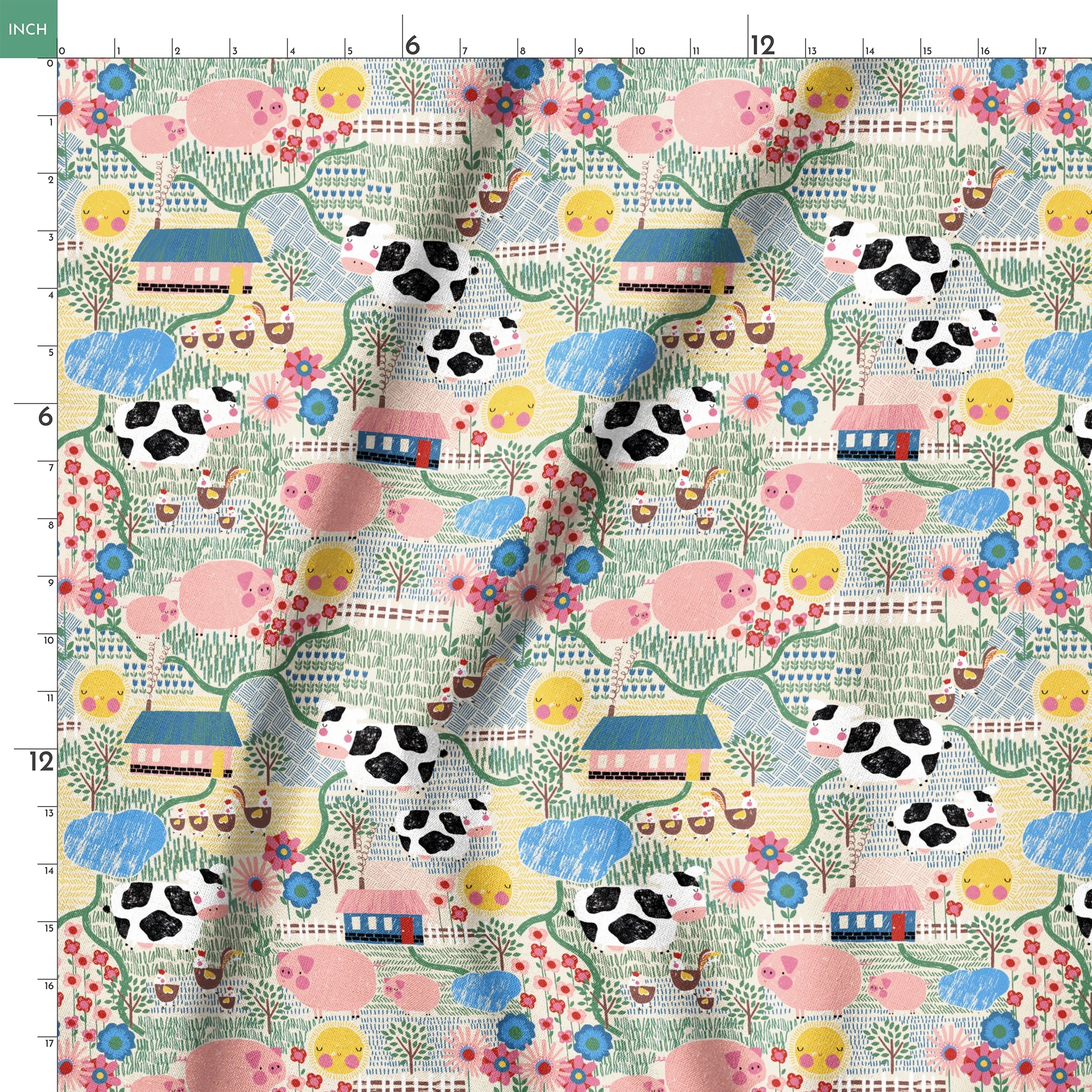 Colorful farm illustration with pink pigs, spotted cows, flowers, and small houses on textured ba... springs ruler 18x18