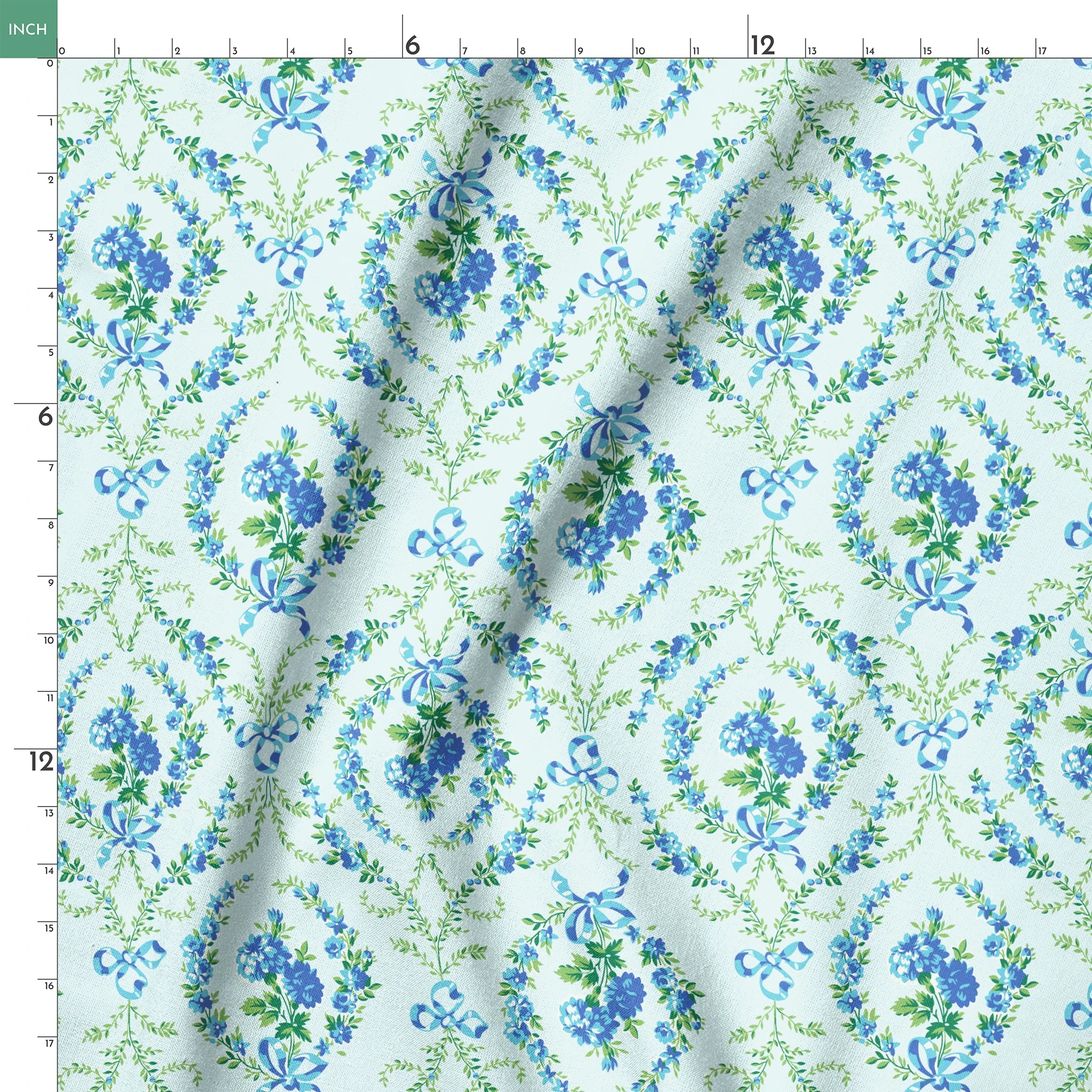 Blue floral pattern with diamond lattice design featuring delicate ribbons and green foliage on light background springs ruler 18x18