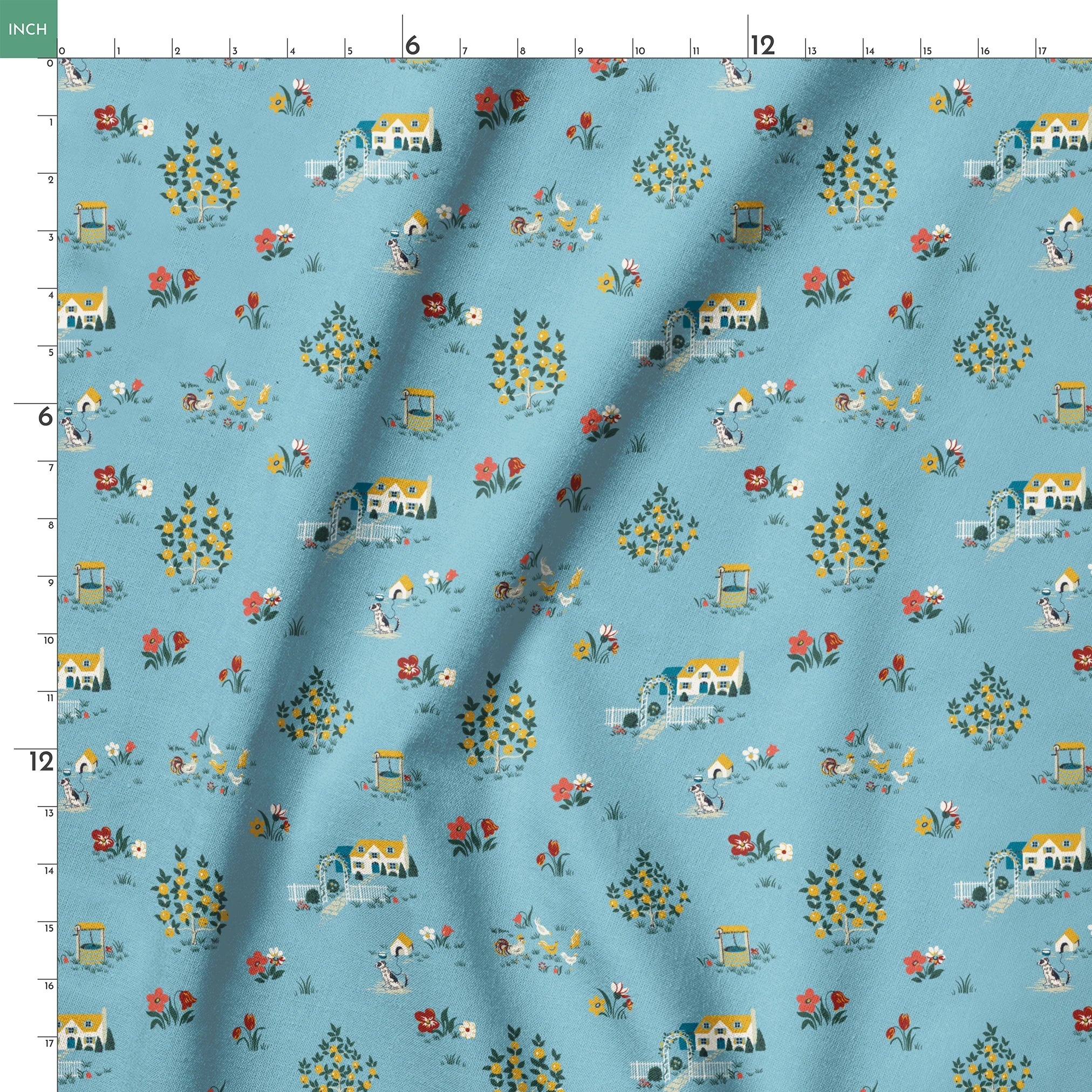 Blue-gray background with repeating folk art pattern of small cottages, white geese, floral clusters, and colorful tulips in yellow and red. springs ruler 18x18