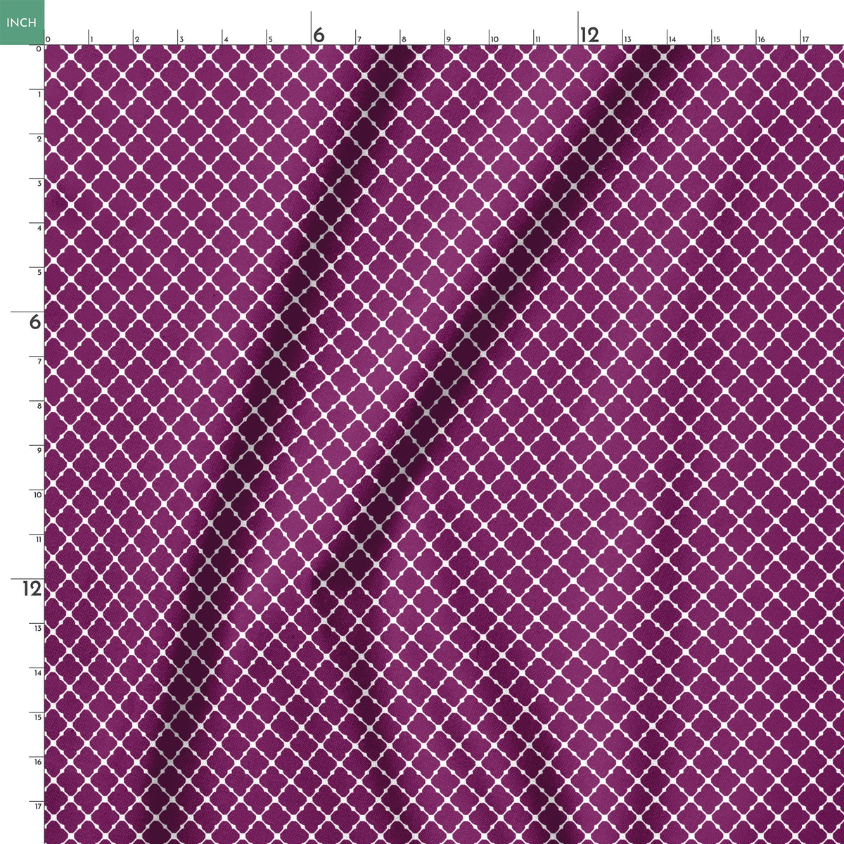 Plum quatrefoil pattern with white lattice outline on deep plum background springs ruler 18x18