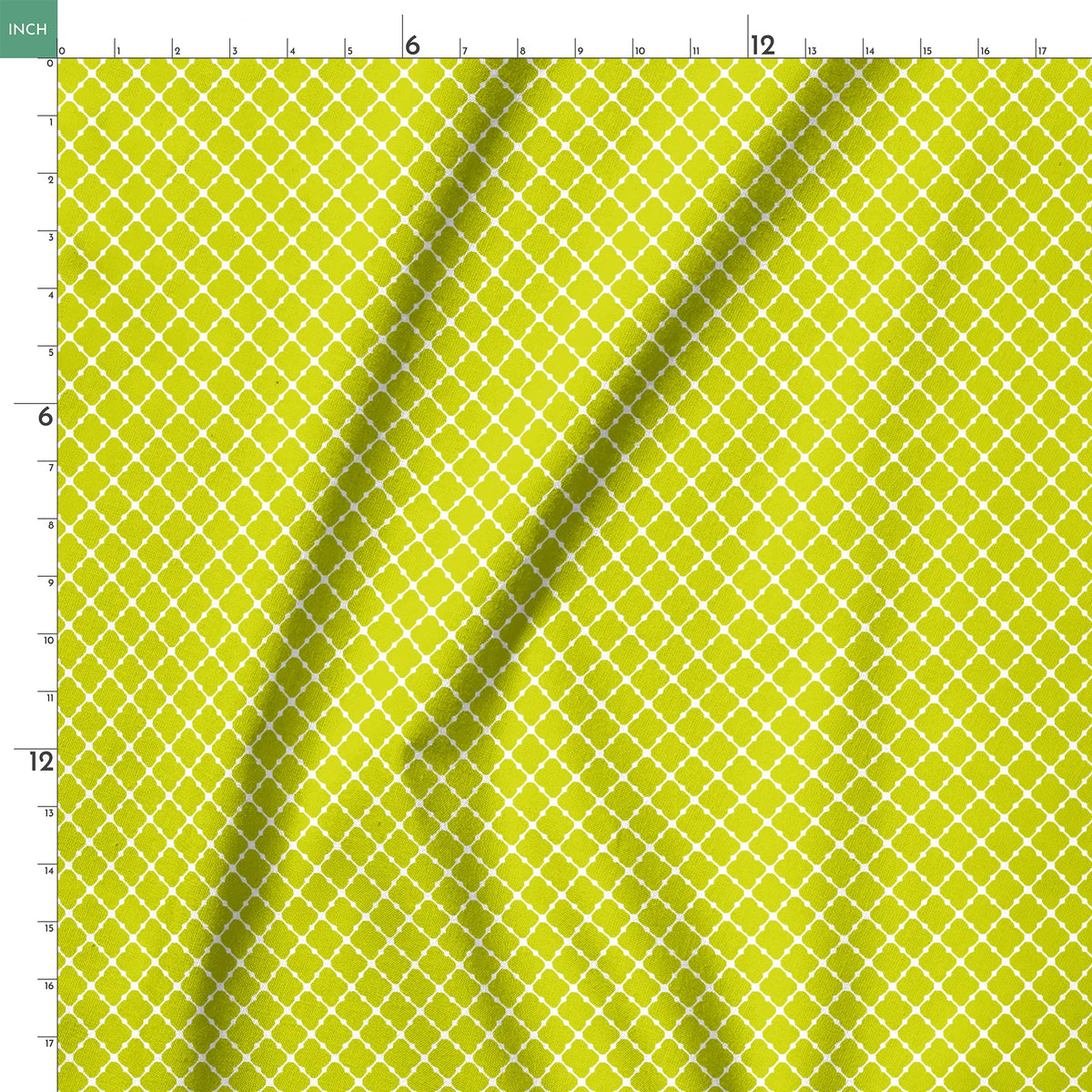Chartreuse green quatrefoil pattern on white background, forming a geometric lattice design springs ruler 18x18