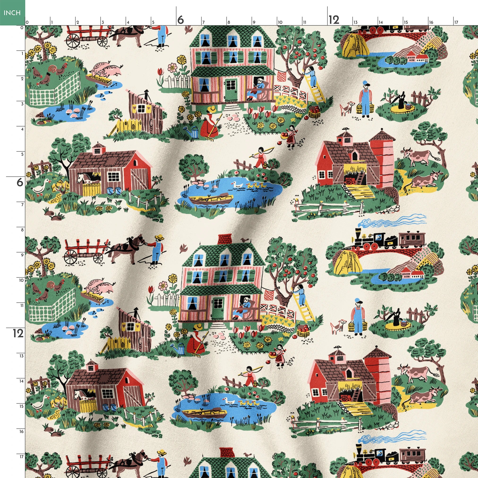 Colorful folk art illustration of country scenes with pink farmhouse, barns, and rural activities springs ruler 18x18