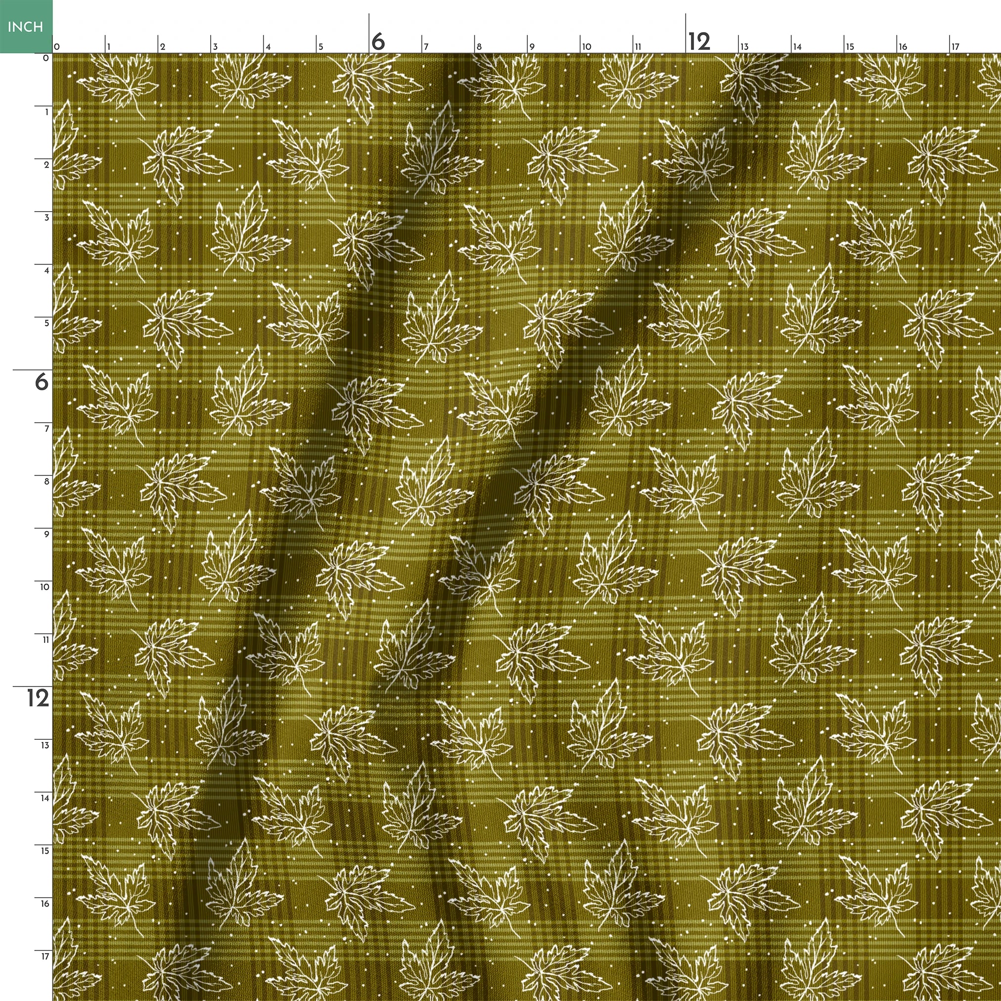 Olive green plaid pattern with scattered white outline maple leaves and small dots springs ruler 18x18