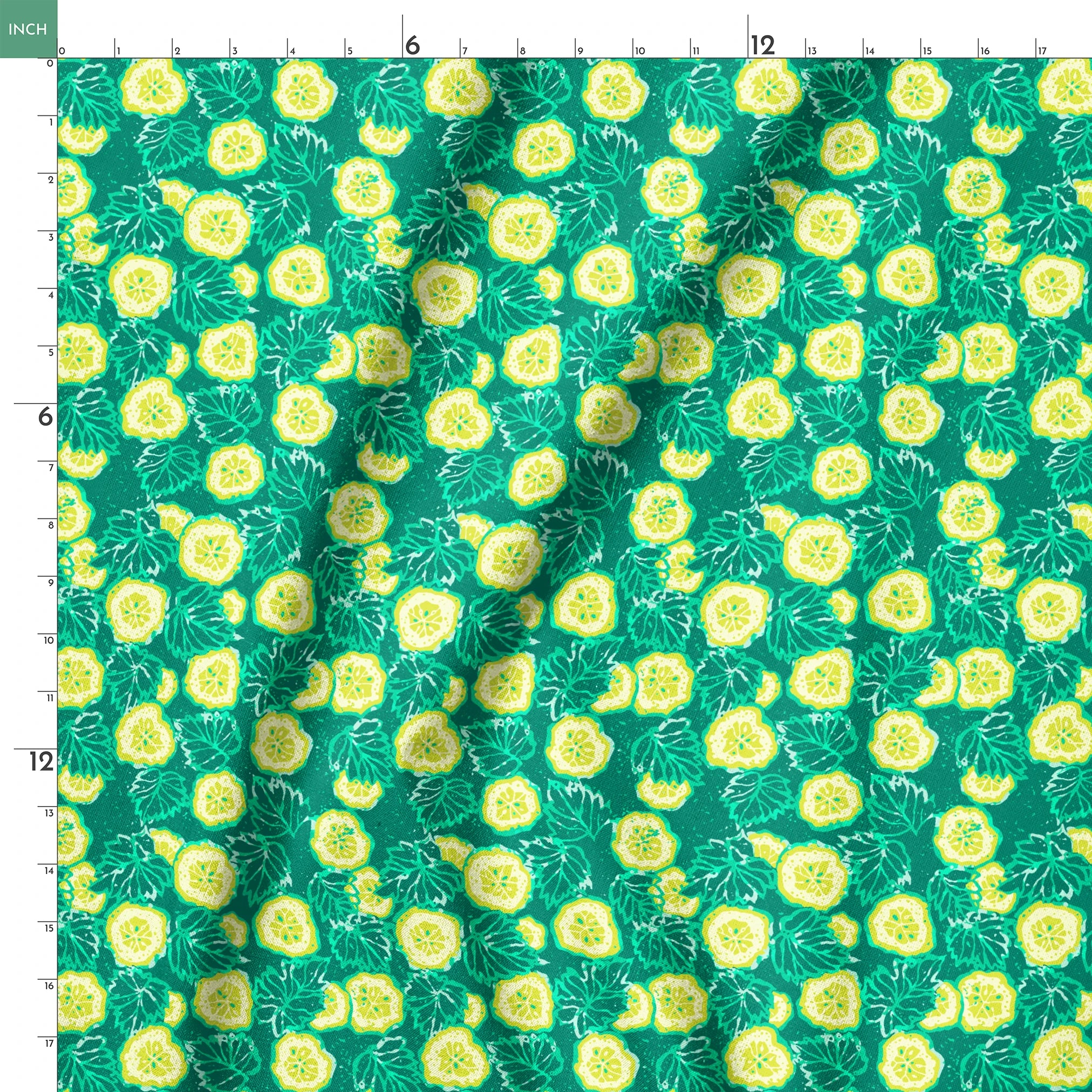 Vibrant green background with yellow cucumber slices and light green leafy patterns springs ruler 18x18