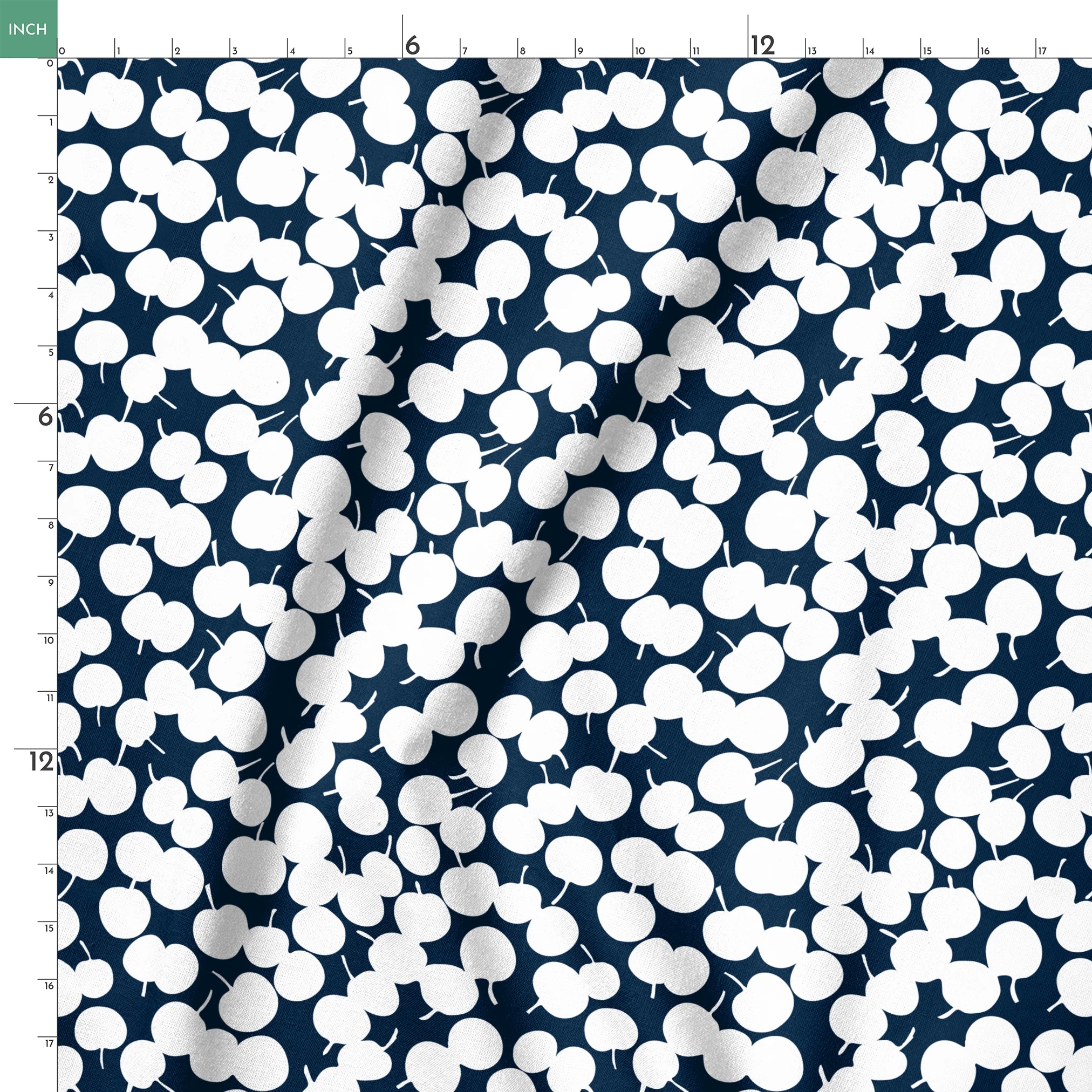 White cherry silhouettes scattered across a deep navy blue background in a playful pattern springs ruler 18x18