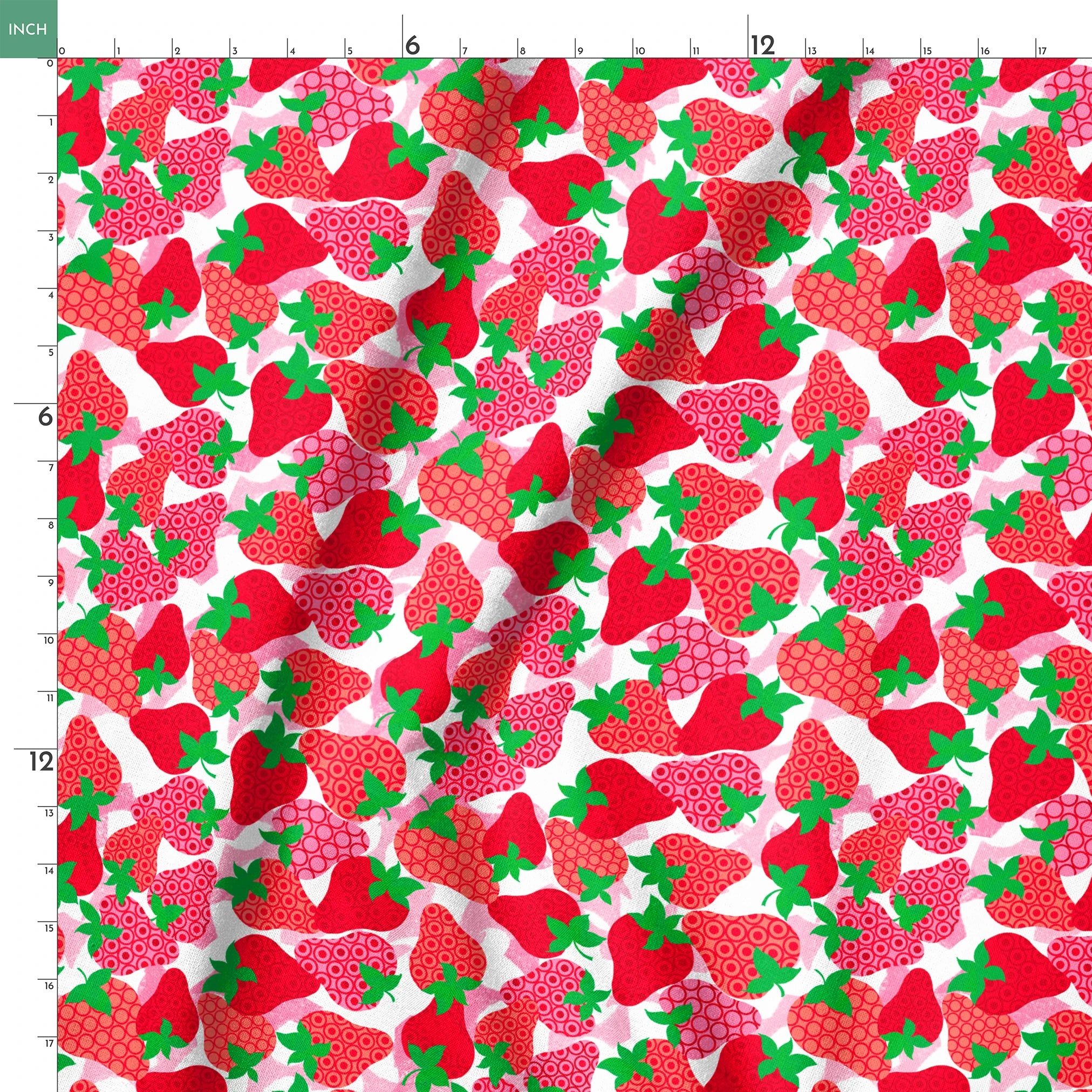Colorful pattern of red strawberries with varied decorative patterns and green leaves on pink bac... springs ruler 18x18