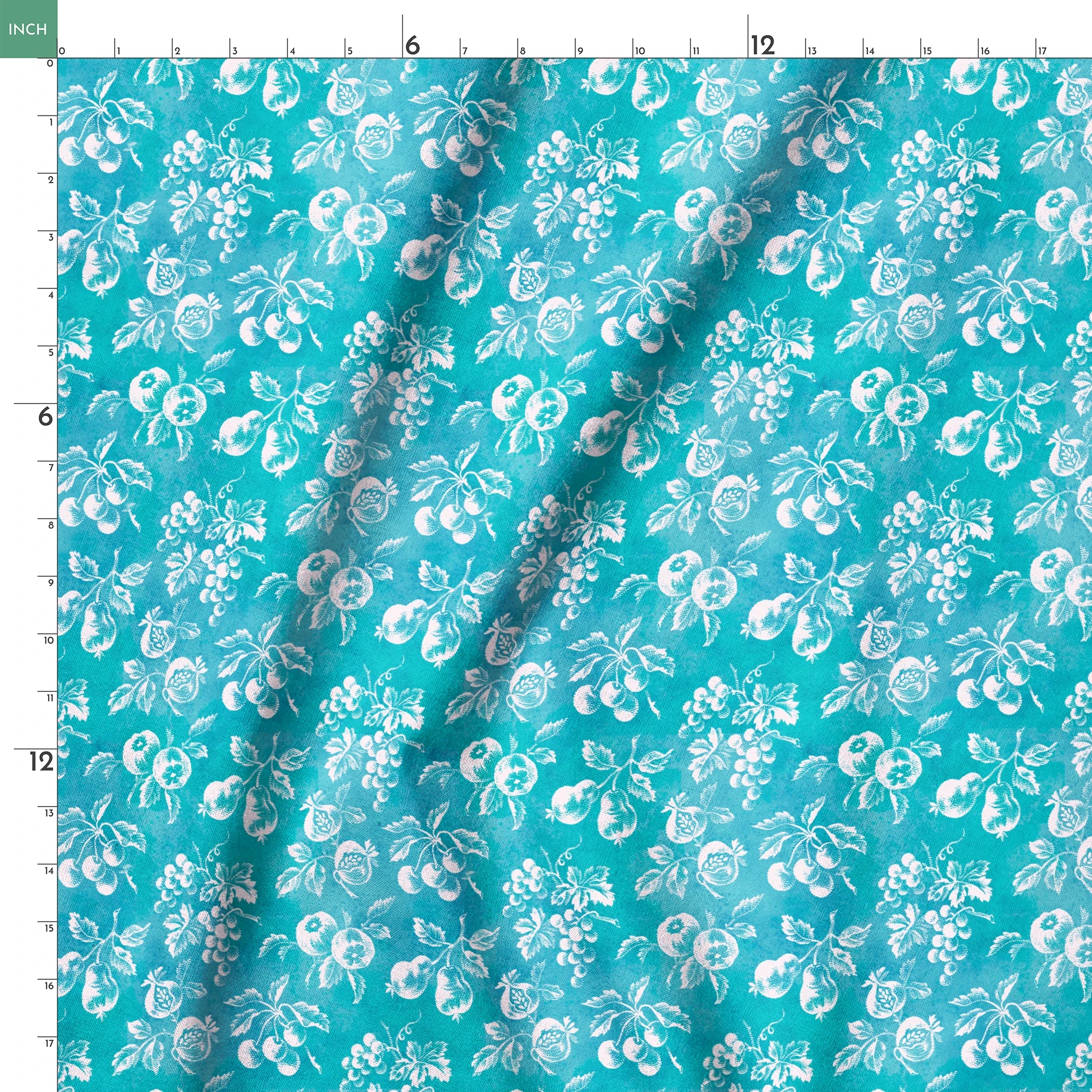 Teal background with white vintage fruit pattern featuring cherries, grapes, and pears springs ruler 18x18