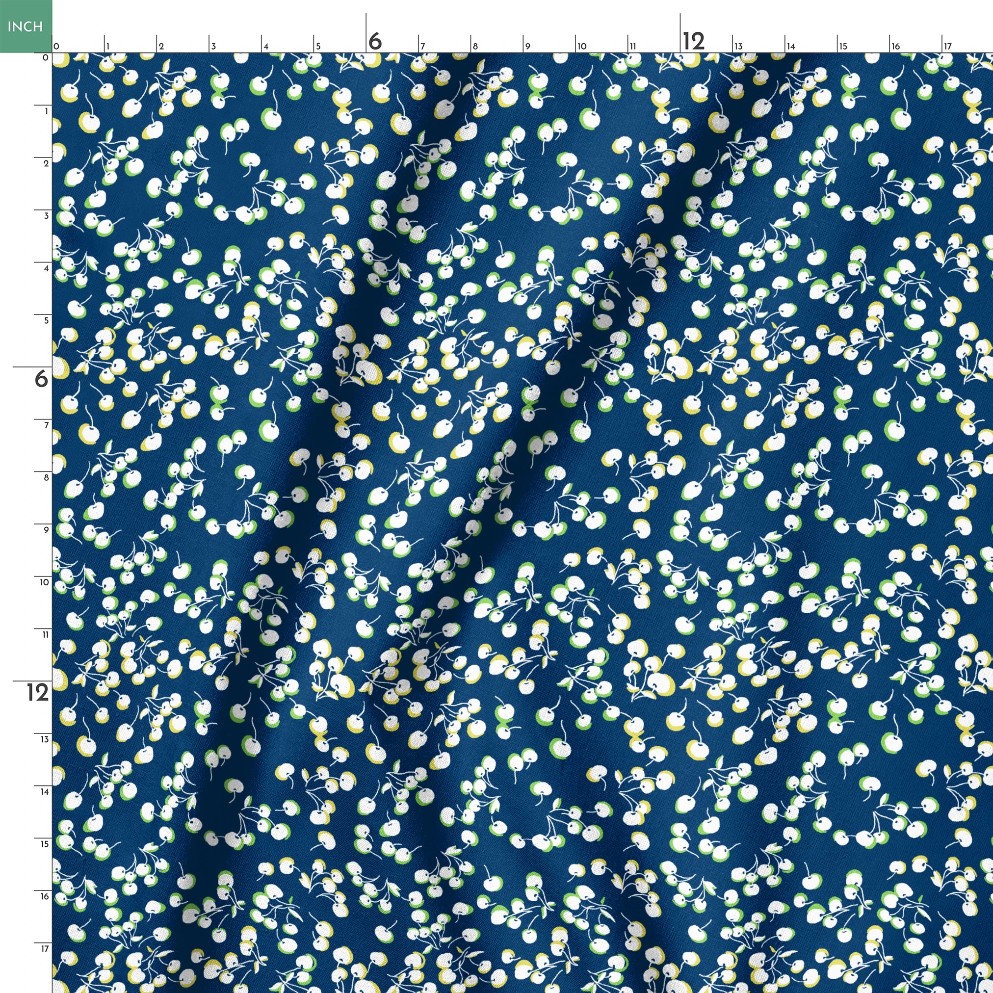 Delicate white and yellow floral pattern scattered across a deep navy blue background springs ruler 18x18