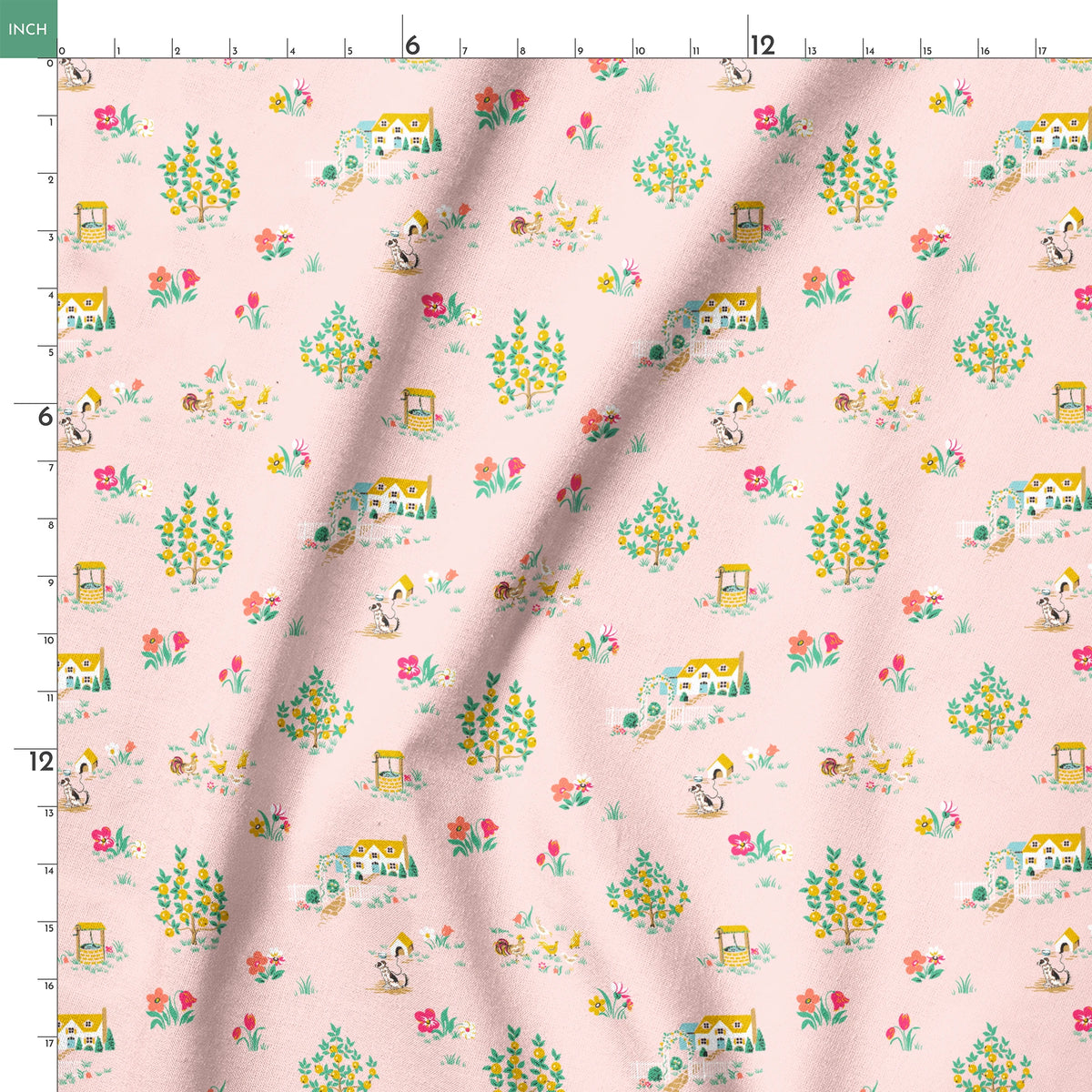 Whimsical pink pattern with cottages, flower bouquets, and garden scenes in yellow and coral springs ruler 18x18