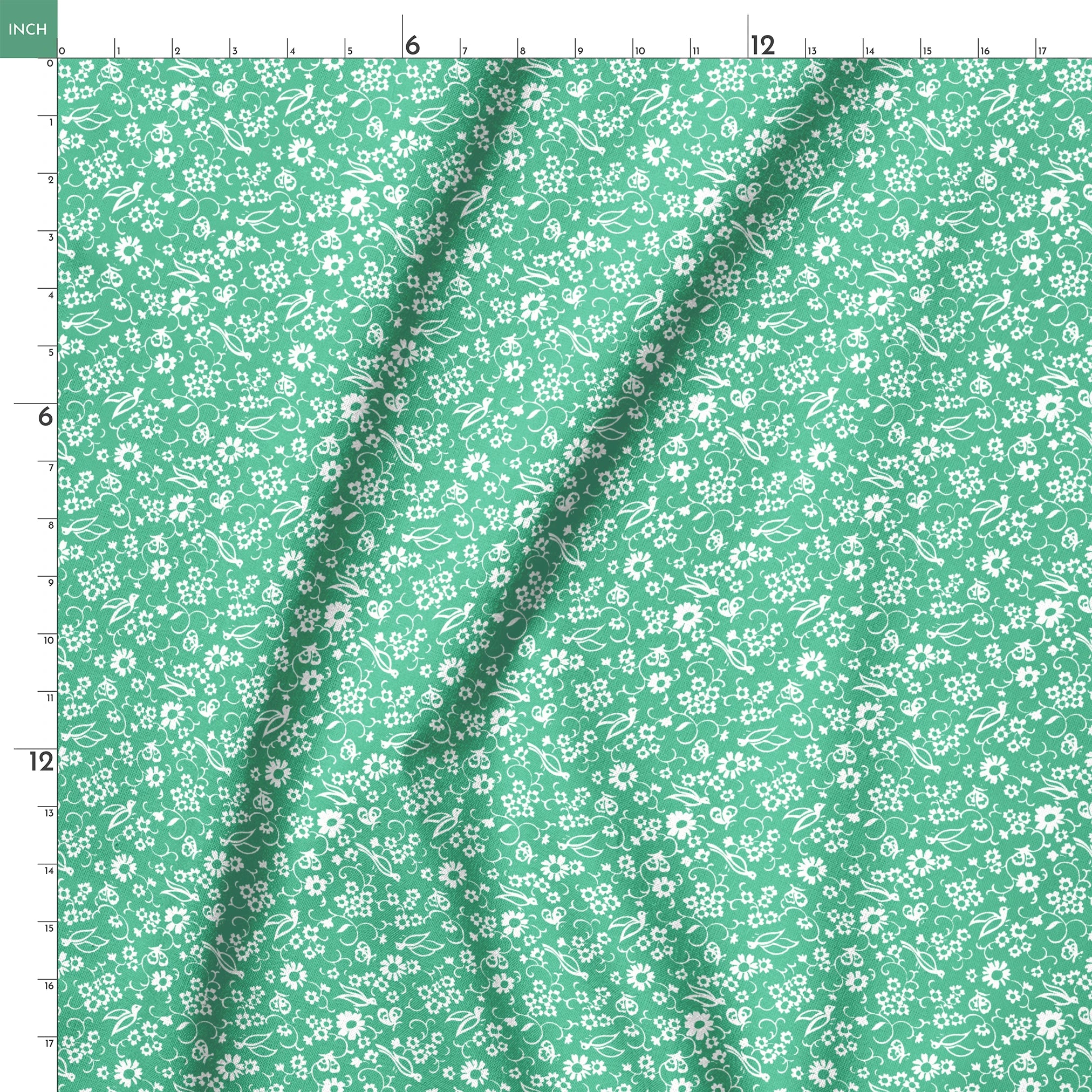 White floral pattern with delicate blooms and leaves on a mint green background springs ruler 18x18