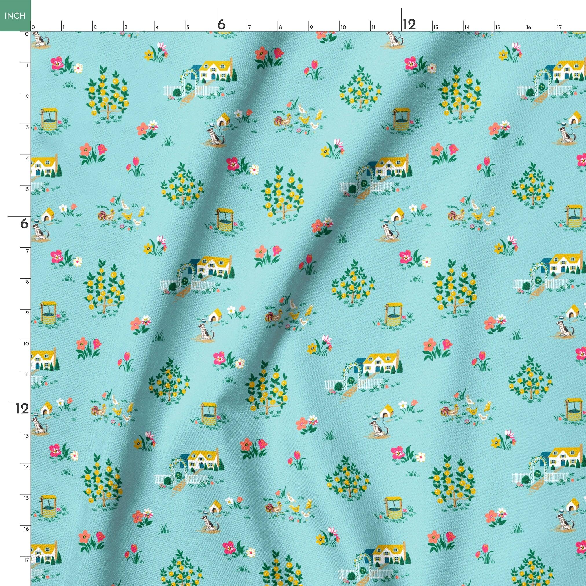 Whimsical light blue pattern with tiny cottages, tulips, and flower gardens in pastel colors springs ruler 18x18
