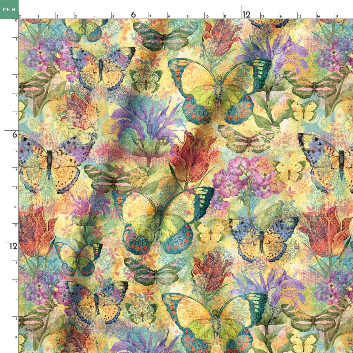 Colorful pattern of butterflies and flowers in vibrant yellows, purples, and reds with watercolor texture springs ruler 18x18