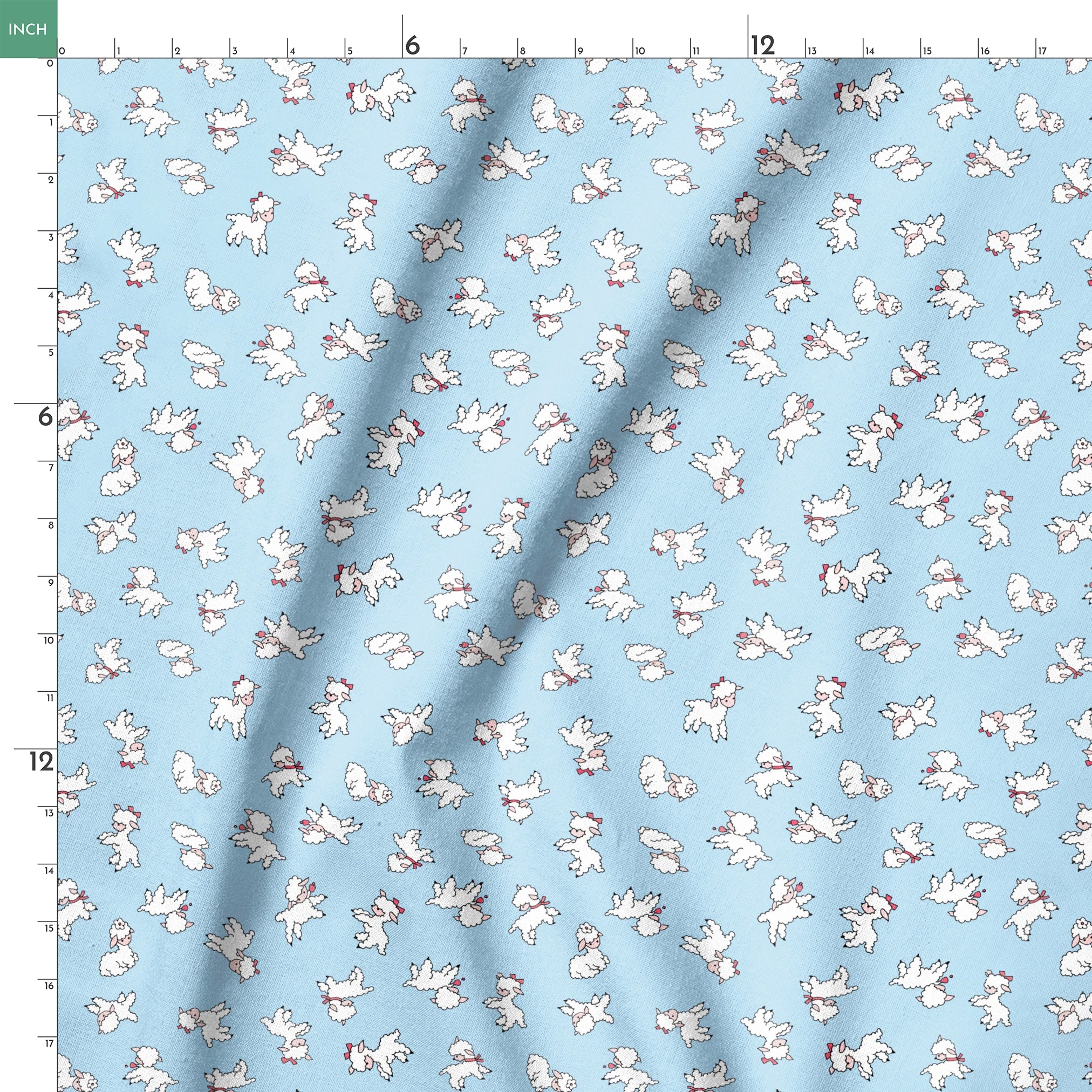 Playful white lambs pattern on light blue background with simple cartoon style illustration springs ruler 18x18