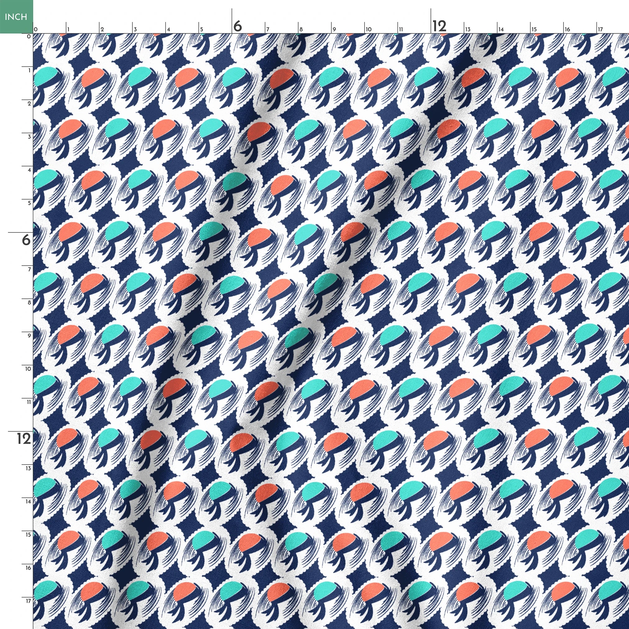Abstract pattern with repeating mint green and coral circular shapes on navy background with white brushstroke details springs ruler 18x18