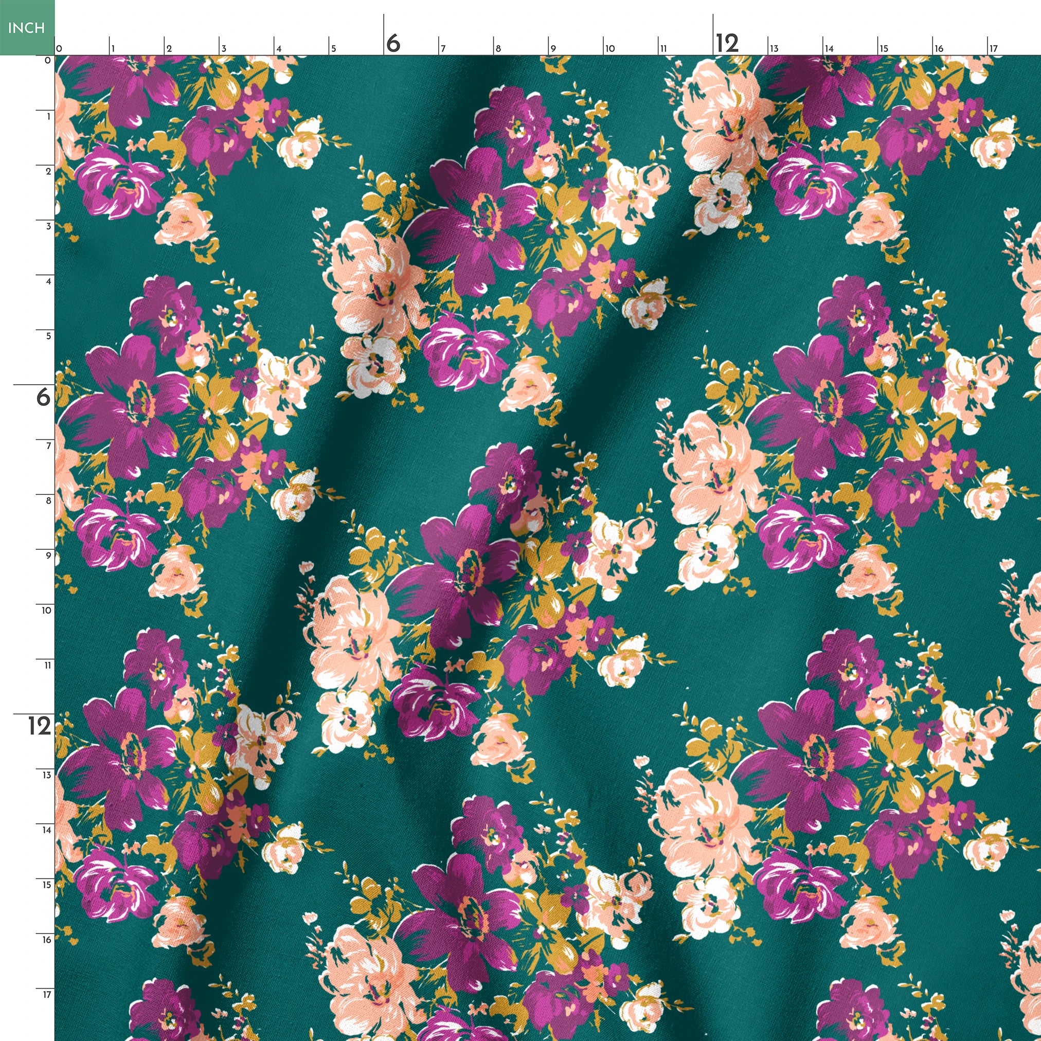Vibrant floral pattern with purple and peach flowers on a deep teal background springs ruler 18x18