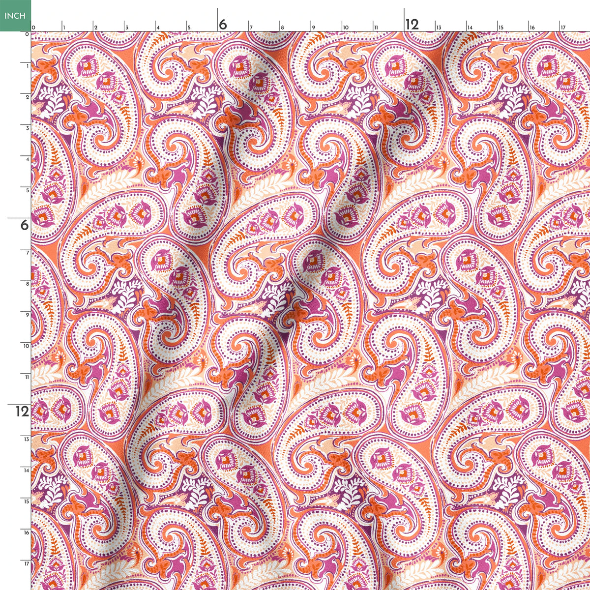 Vibrant paisley pattern in orange, pink and purple with swirling teardrop motifs and ornate details springs ruler 18x18