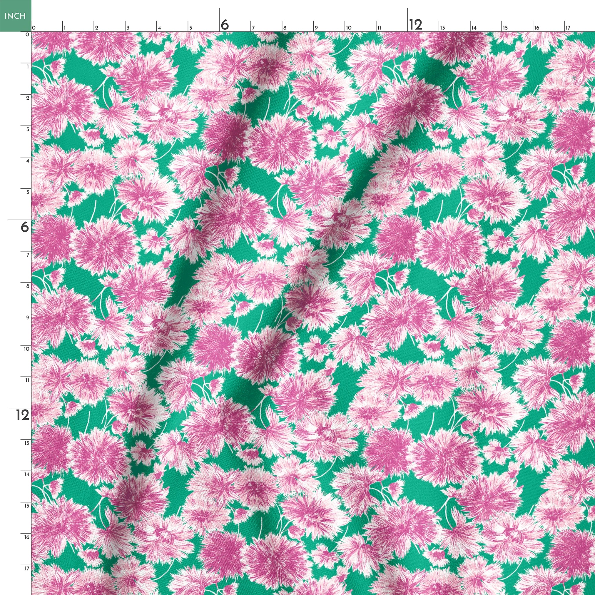 Pink and purple carnation flowers scattered on a green background in a repeating floral pattern springs ruler 18x18
