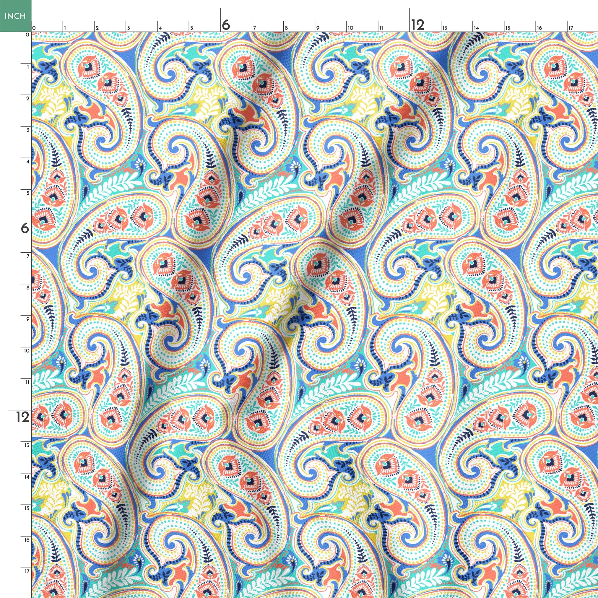 Vibrant blue, yellow and red paisley pattern with swirling decorative motifs and curved shapes springs ruler 18x18