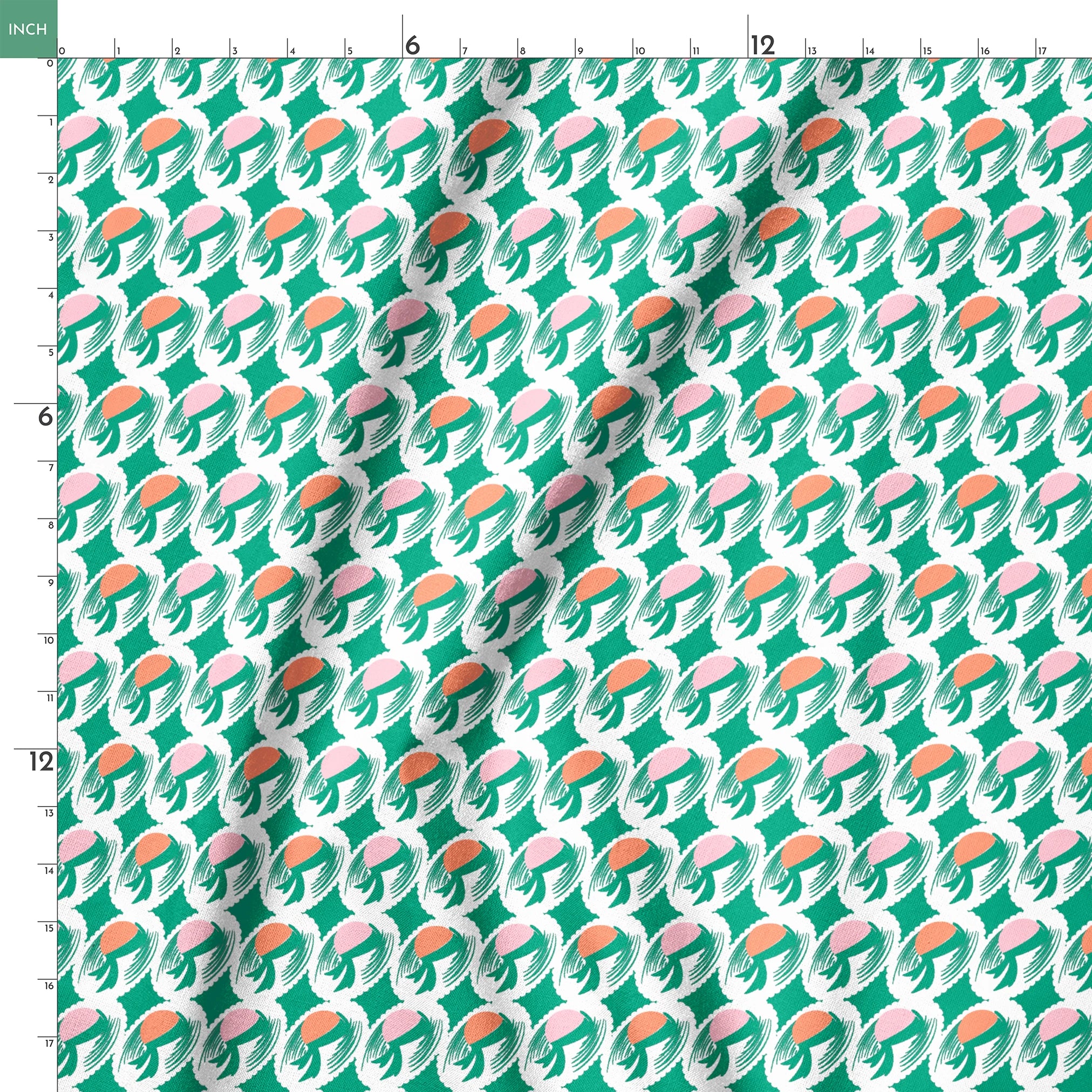 Abstract pattern with pink and orange oval shapes on green brushstroke backgrounds springs ruler 18x18