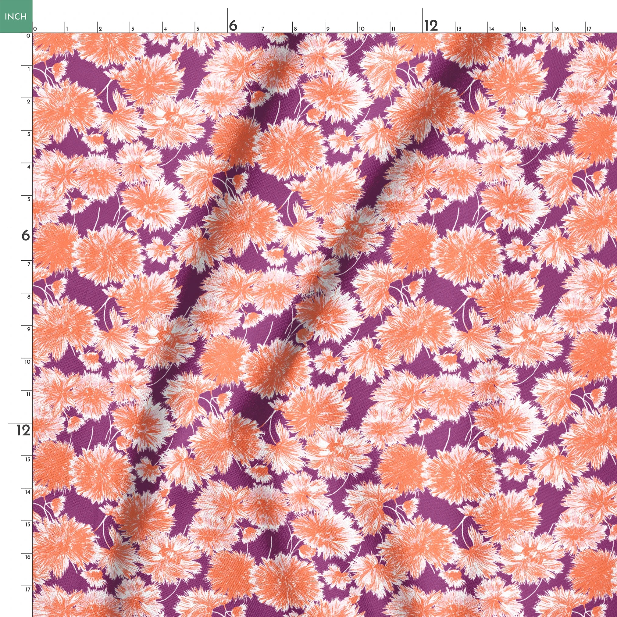 Vibrant floral pattern with orange and white chrysanthemum-like blooms on deep purple background springs ruler 18x18