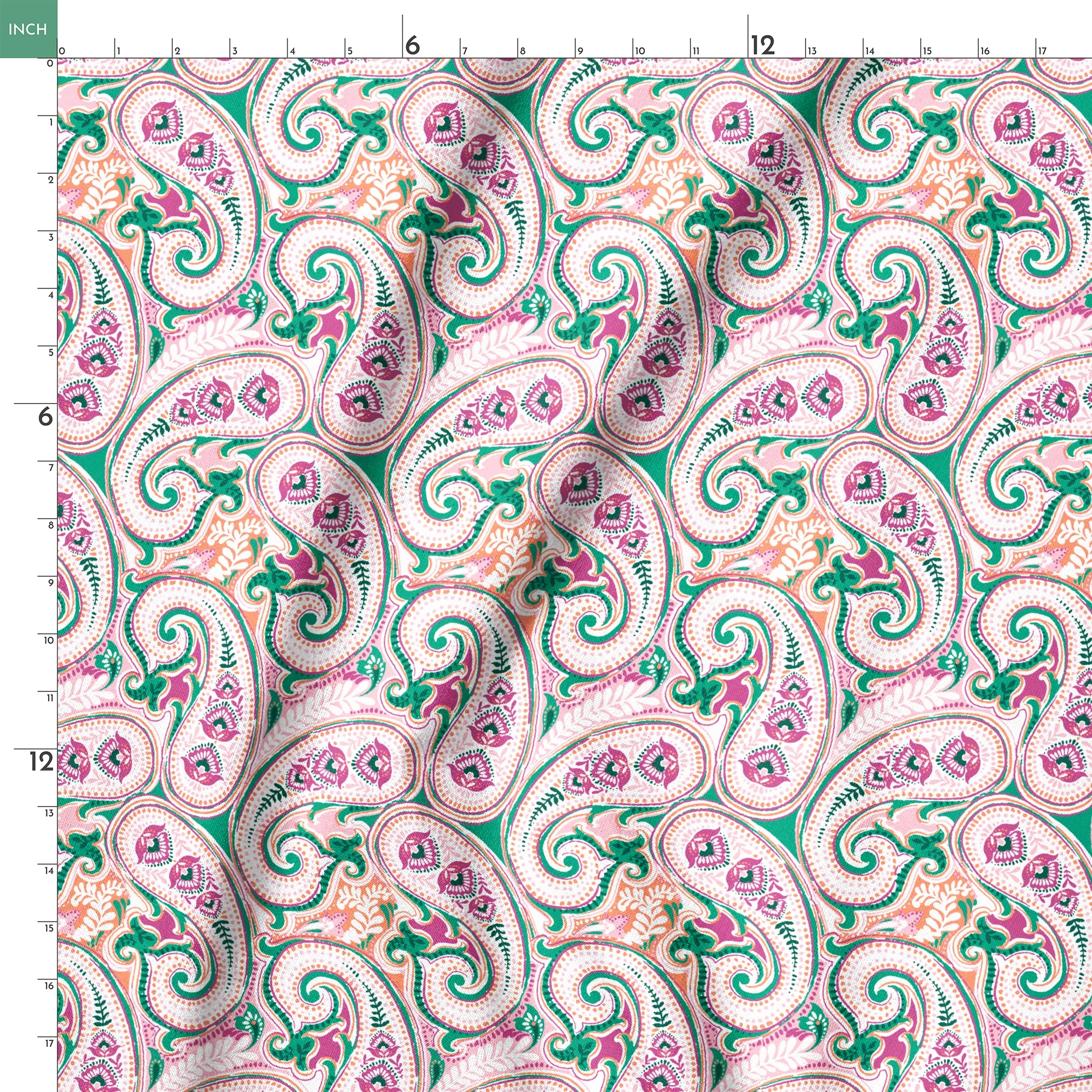 Colorful paisley pattern with swirling teardrop shapes in pink, green, and orange on light background springs ruler 18x18
