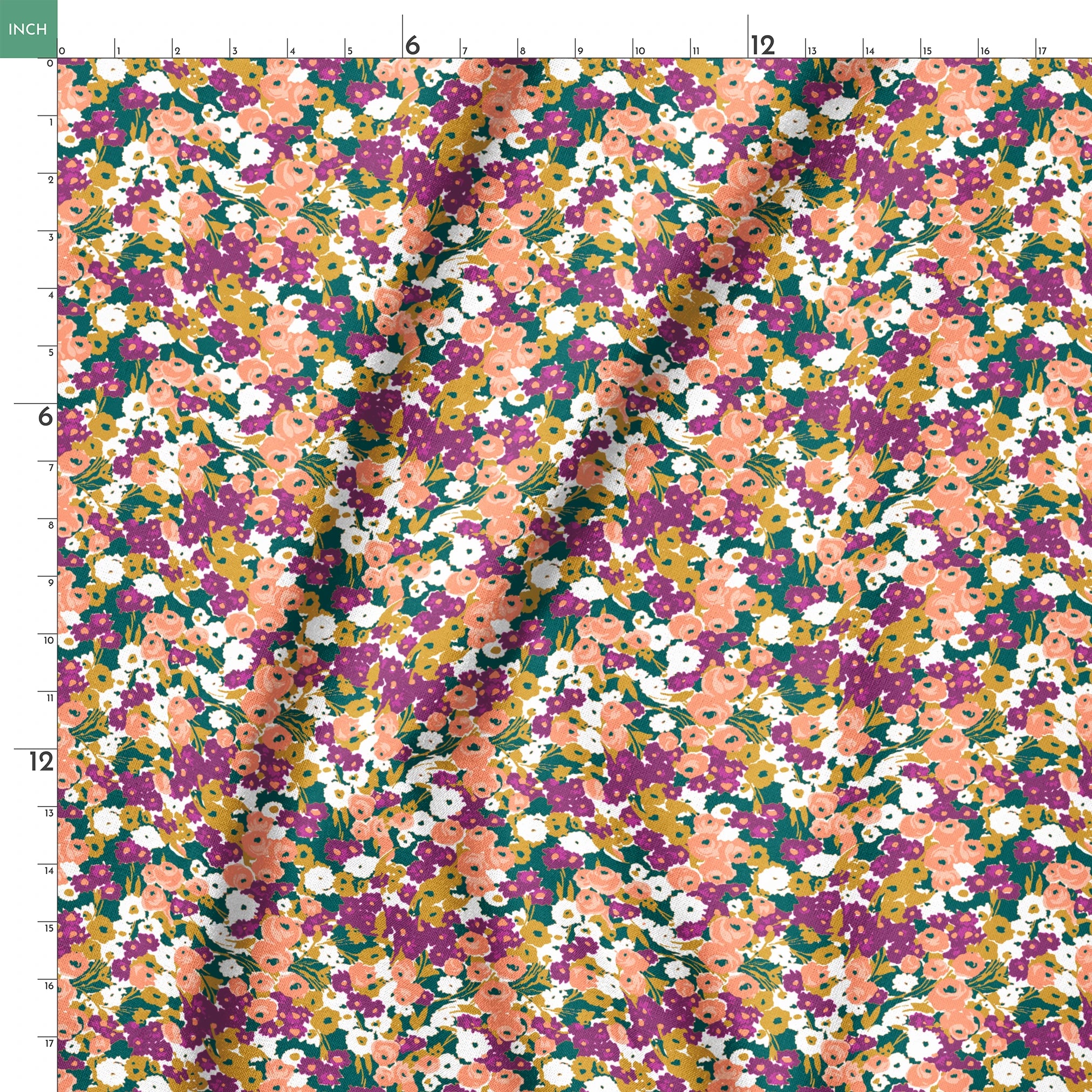 Vibrant floral pattern with peach, purple, white, and gold blooms against dark green foliage springs ruler 18x18