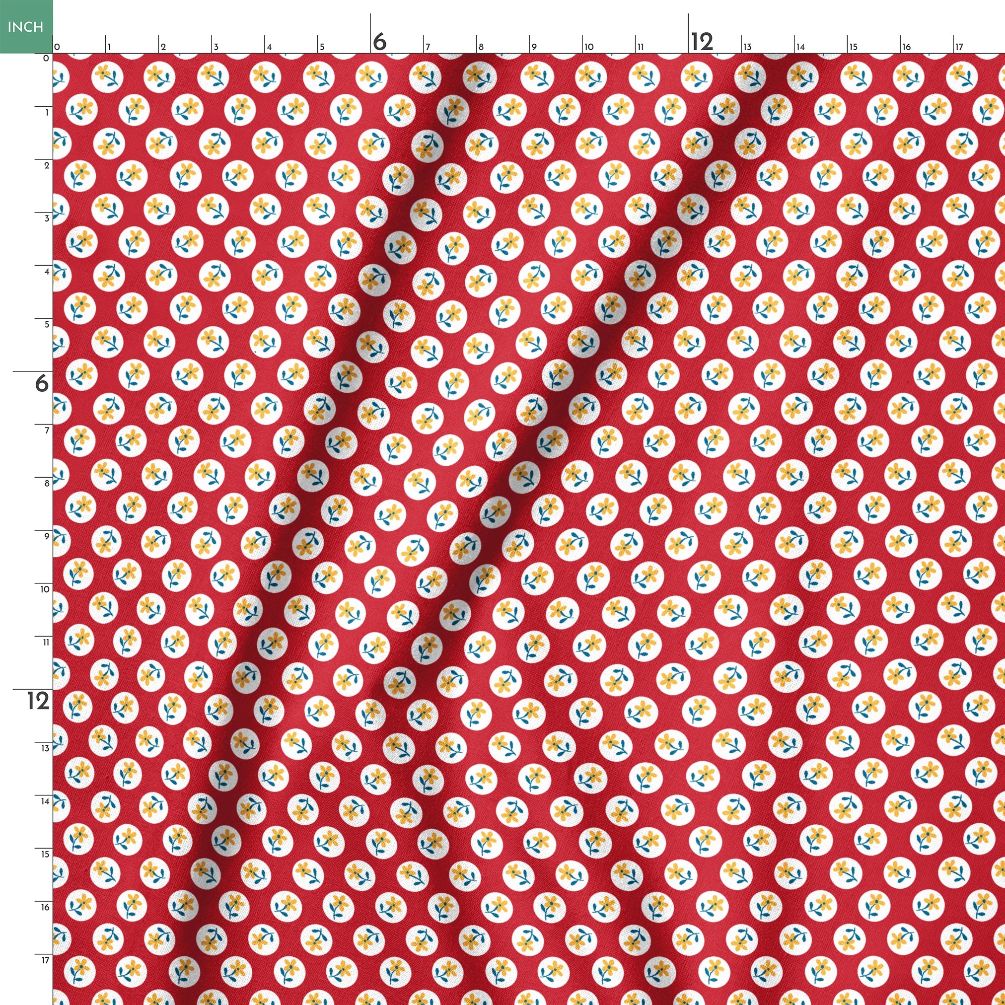 Yellow flowers with blue stems on white circles against red background in repeating pattern springs ruler 18x18
