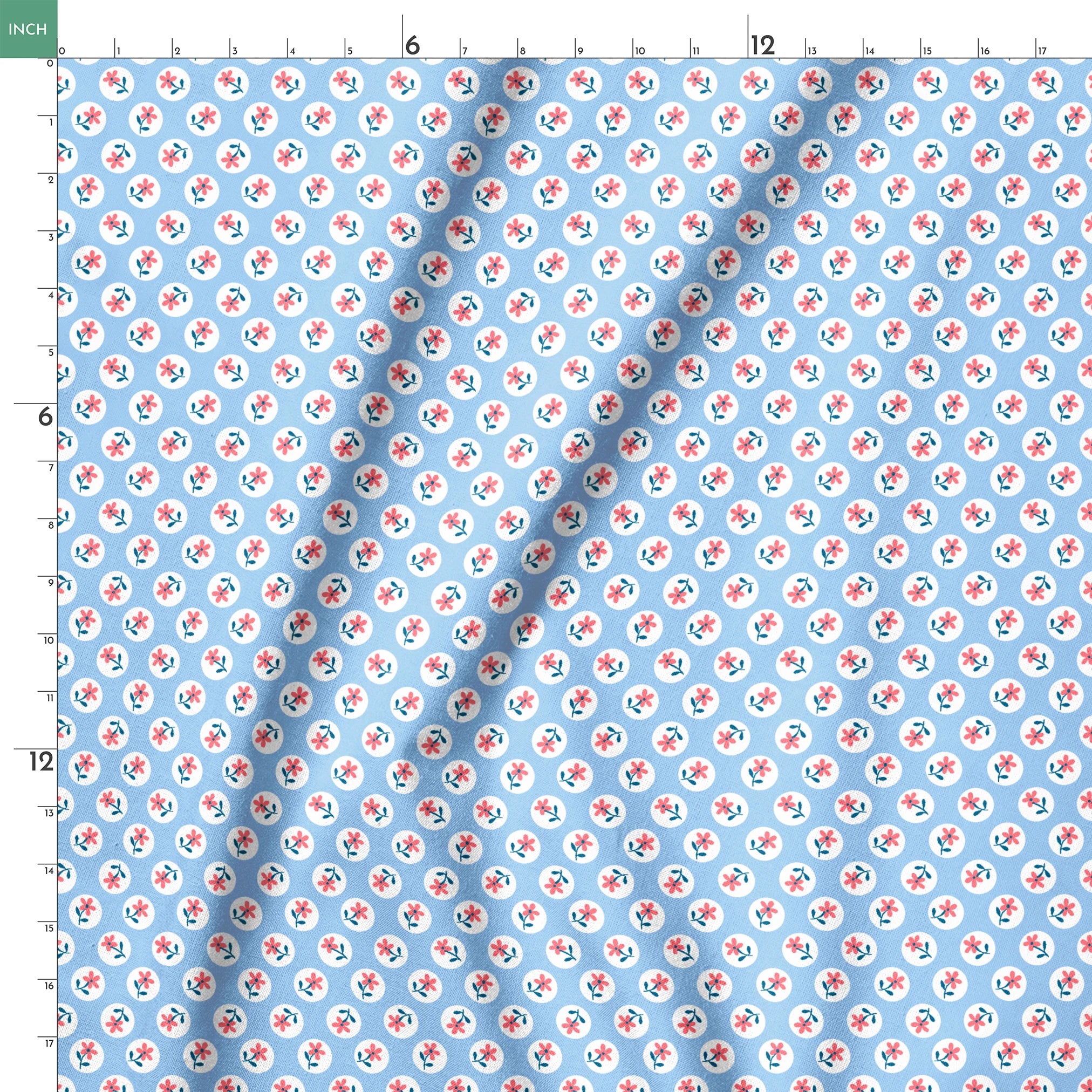 Pink flowers with blue-green stems in white circles on pale blue background, repeating pattern springs ruler 18x18