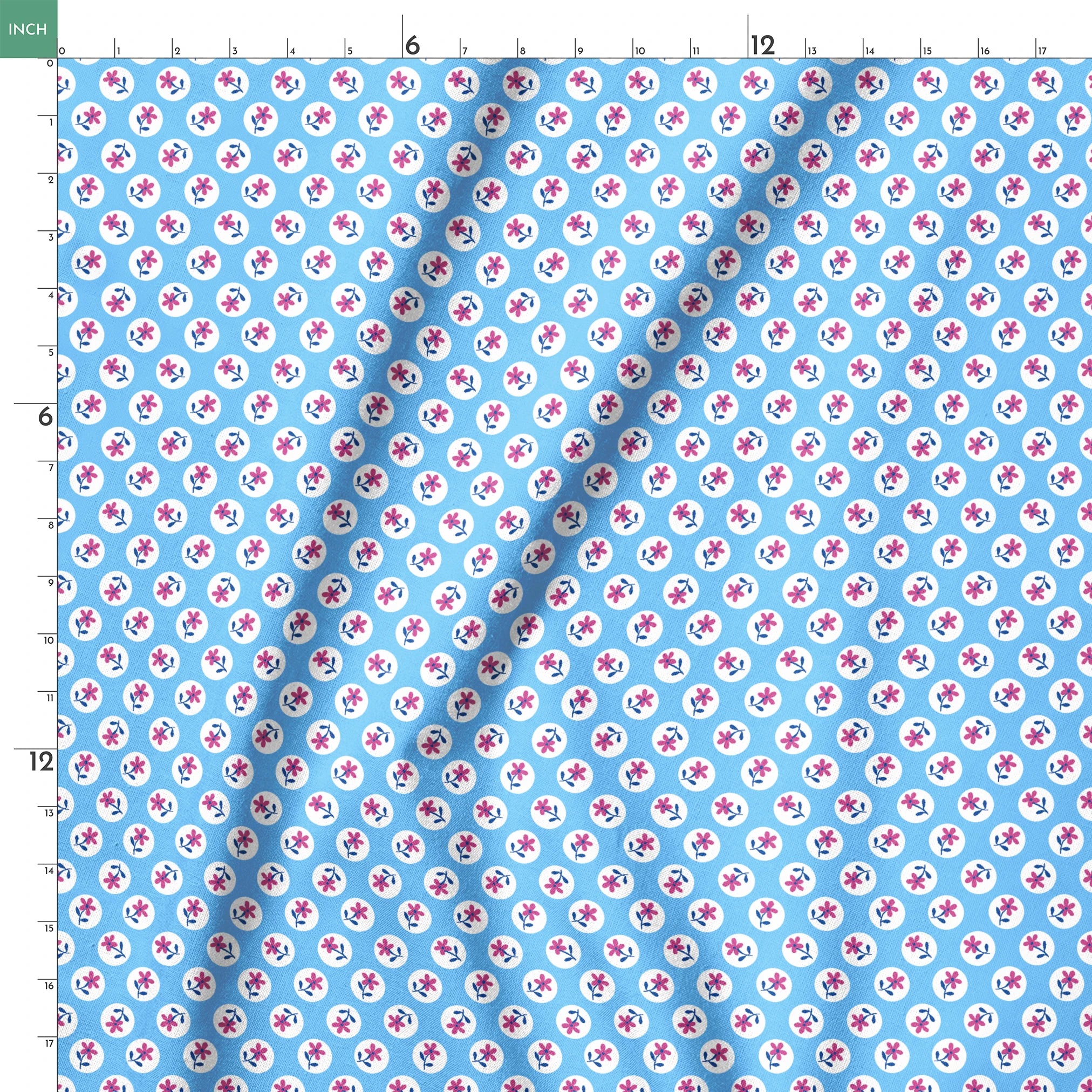 Purple flowers with blue stems inside white circles on light blue background pattern springs ruler 18x18