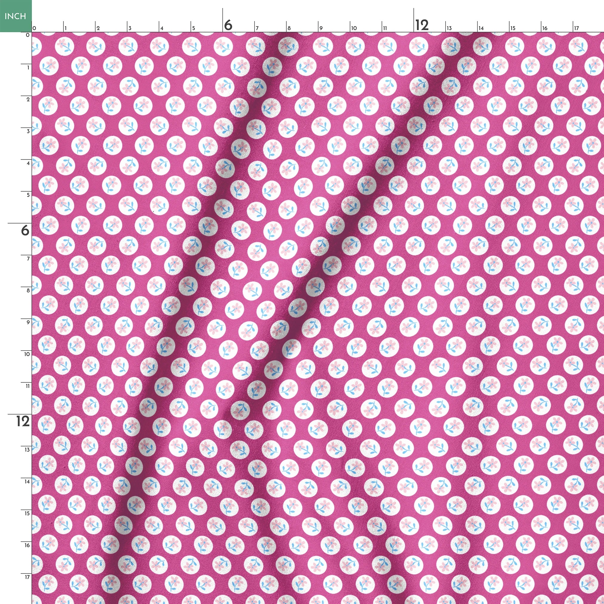 White circular dots with pink flowers and blue leaves pattern on vibrant magenta background springs ruler 18x18